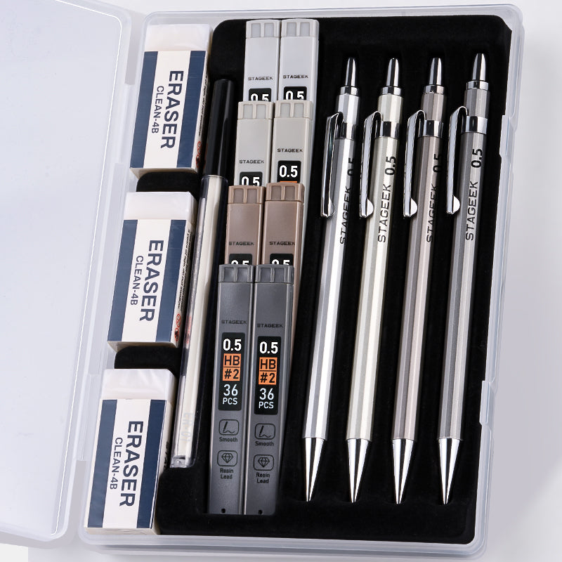 STAGEEK 0.5mm/0.7mm Mechanical Pencil Set with Case - 4PCS Metal Mechanical Pencils, 8 Tubes HB #2 Lead Refills, 3PCS 4B Erasers and 9PCS Eraser Refills, Lead Mechanical Pencils for Writing & Drawing