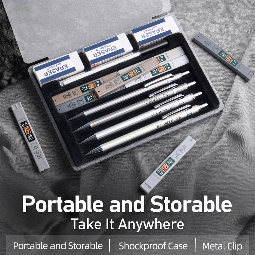 STAGEEK 0.5mm/0.7mm Mechanical Pencil Set with Case - 4PCS Metal Mechanical Pencils, 8 Tubes HB #2 Lead Refills, 3PCS 4B Erasers and 9PCS Eraser Refills, Lead Mechanical Pencils for Writing & Drawing