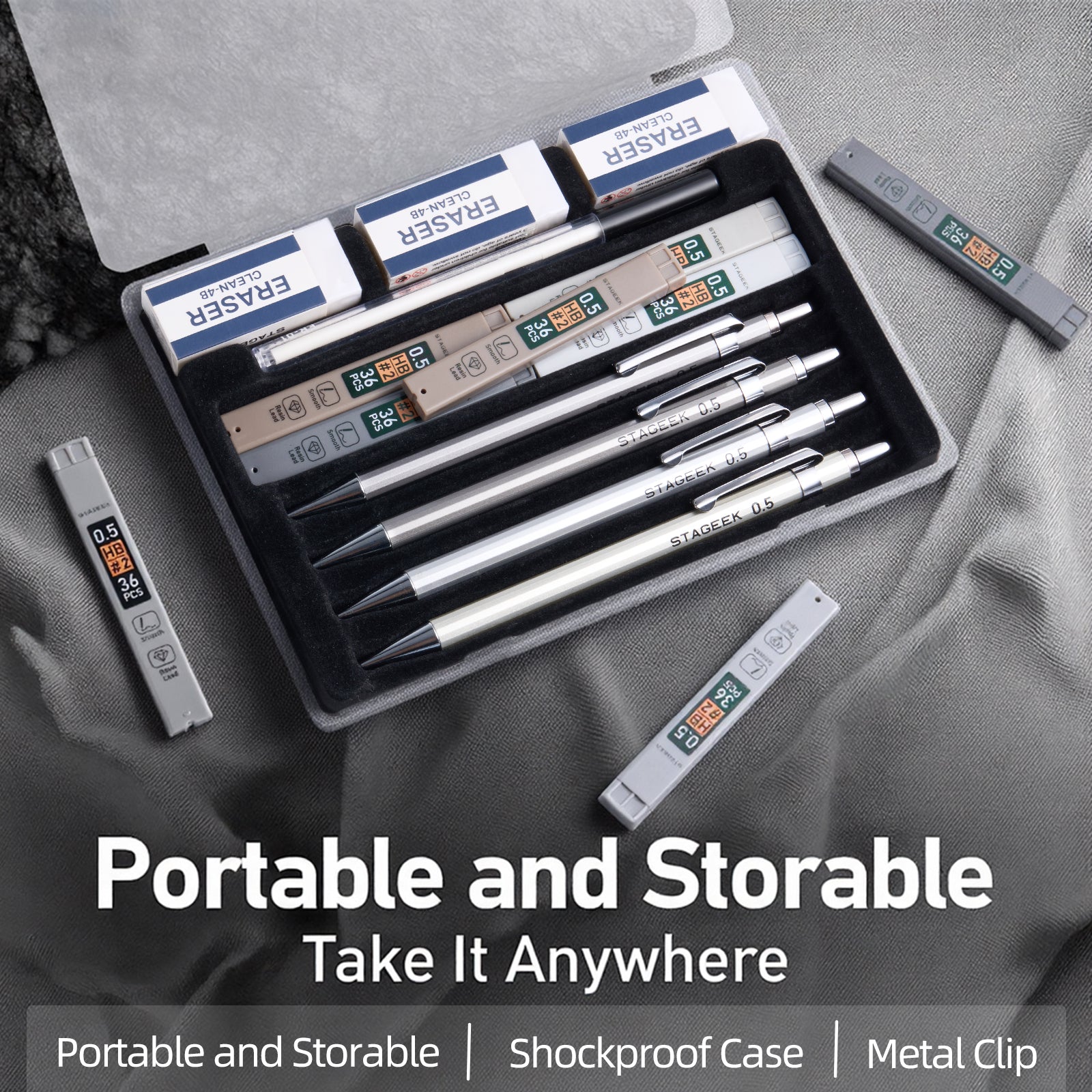 STAGEEK 0.5mm/0.7mm Mechanical Pencil Set with Case - 4PCS Metal Mechanical Pencils, 8 Tubes HB #2 Lead Refills, 3PCS 4B Erasers and 9PCS Eraser Refills, Lead Mechanical Pencils for Writing & Drawing