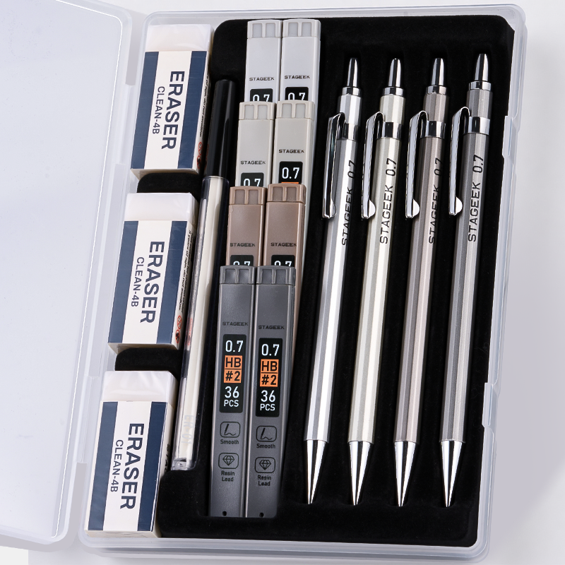 STAGEEK 0.5mm/0.7mm Mechanical Pencil Set with Case - 4PCS Metal Mechanical Pencils, 8 Tubes HB #2 Lead Refills, 3PCS 4B Erasers and 9PCS Eraser Refills, Lead Mechanical Pencils for Writing & Drawing