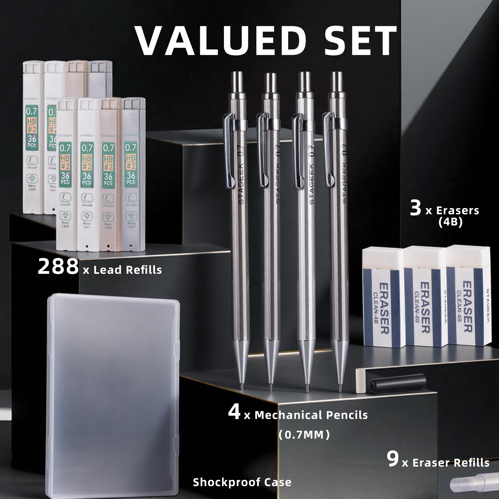 STAGEEK 0.5mm/0.7mm Mechanical Pencil Set with Case - 4PCS Metal Mechanical Pencils, 8 Tubes HB #2 Lead Refills, 3PCS 4B Erasers and 9PCS Eraser Refills, Lead Mechanical Pencils for Writing & Drawing
