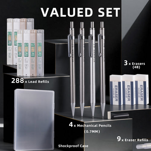 STAGEEK 0.5mm/0.7mm Mechanical Pencil Set with Case - 4PCS Metal Mechanical Pencils, 8 Tubes HB #2 Lead Refills, 3PCS 4B Erasers and 9PCS Eraser Refills, Lead Mechanical Pencils for Writing & Drawing