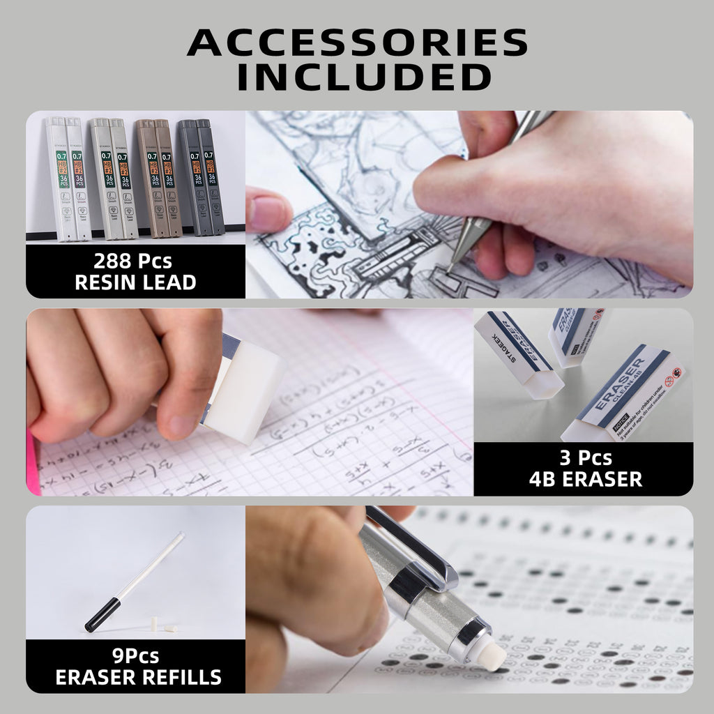 STAGEEK 0.5mm/0.7mm Mechanical Pencil Set with Case - 4PCS Metal Mechanical Pencils, 8 Tubes HB #2 Lead Refills, 3PCS 4B Erasers and 9PCS Eraser Refills, Lead Mechanical Pencils for Writing & Drawing