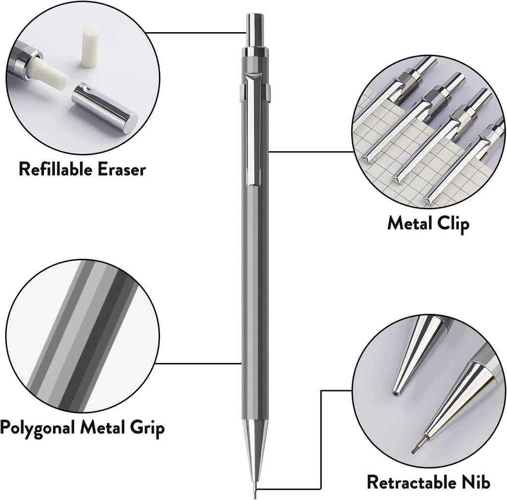 STAGEEK 0.5mm/0.7mm Mechanical Pencil Set with Case - 4PCS Metal Mechanical Pencils, 8 Tubes HB #2 Lead Refills, 3PCS 4B Erasers and 9PCS Eraser Refills, Lead Mechanical Pencils for Writing & Drawing