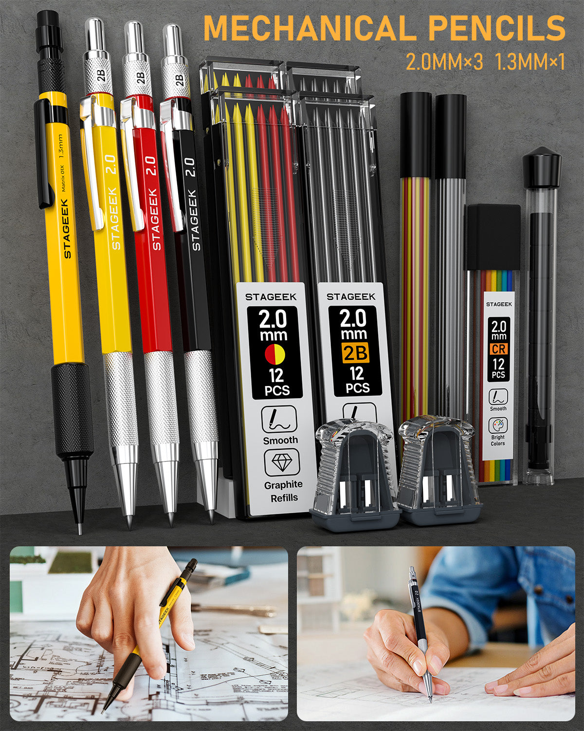 STAGEEK 34 Pack Carpenter Pencil Set with Sharpener, Mechanical Carpenter Pencils with Deep Hole Long-Nib Marker Pens, Carbide Scribe Tool & Construction Pencils for Architect Woodworking with Case
