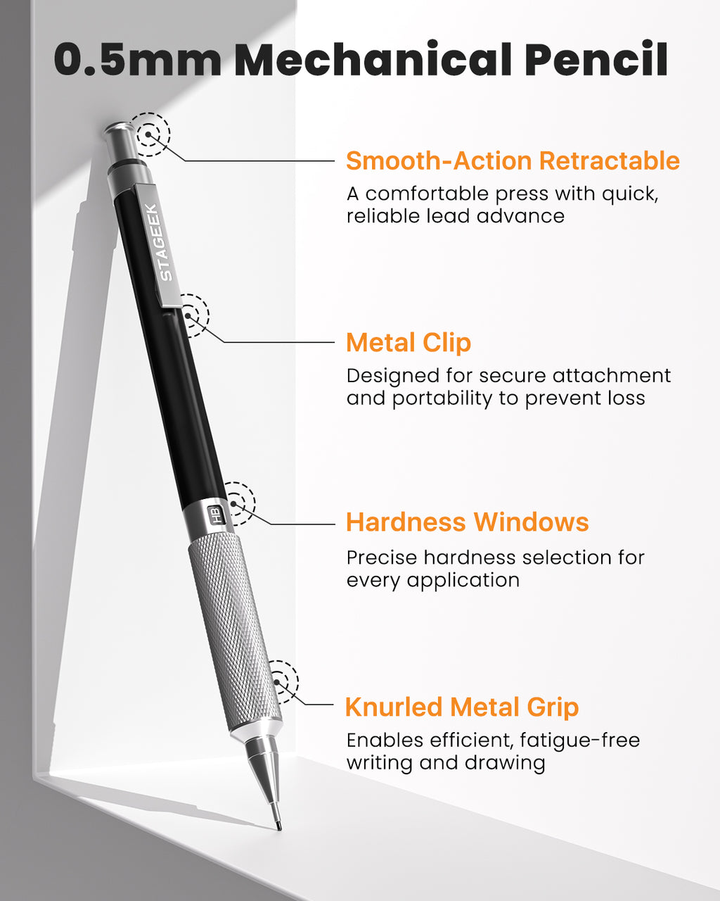 STAGEEK 0.5mm Mechanical Pencil, Metal Art & Drafting Pencil with Eraser and 60 HB Lead Refills, Professional Drawing Pencil for Artists, Office, Writing, Sketching, Drafting(Black)