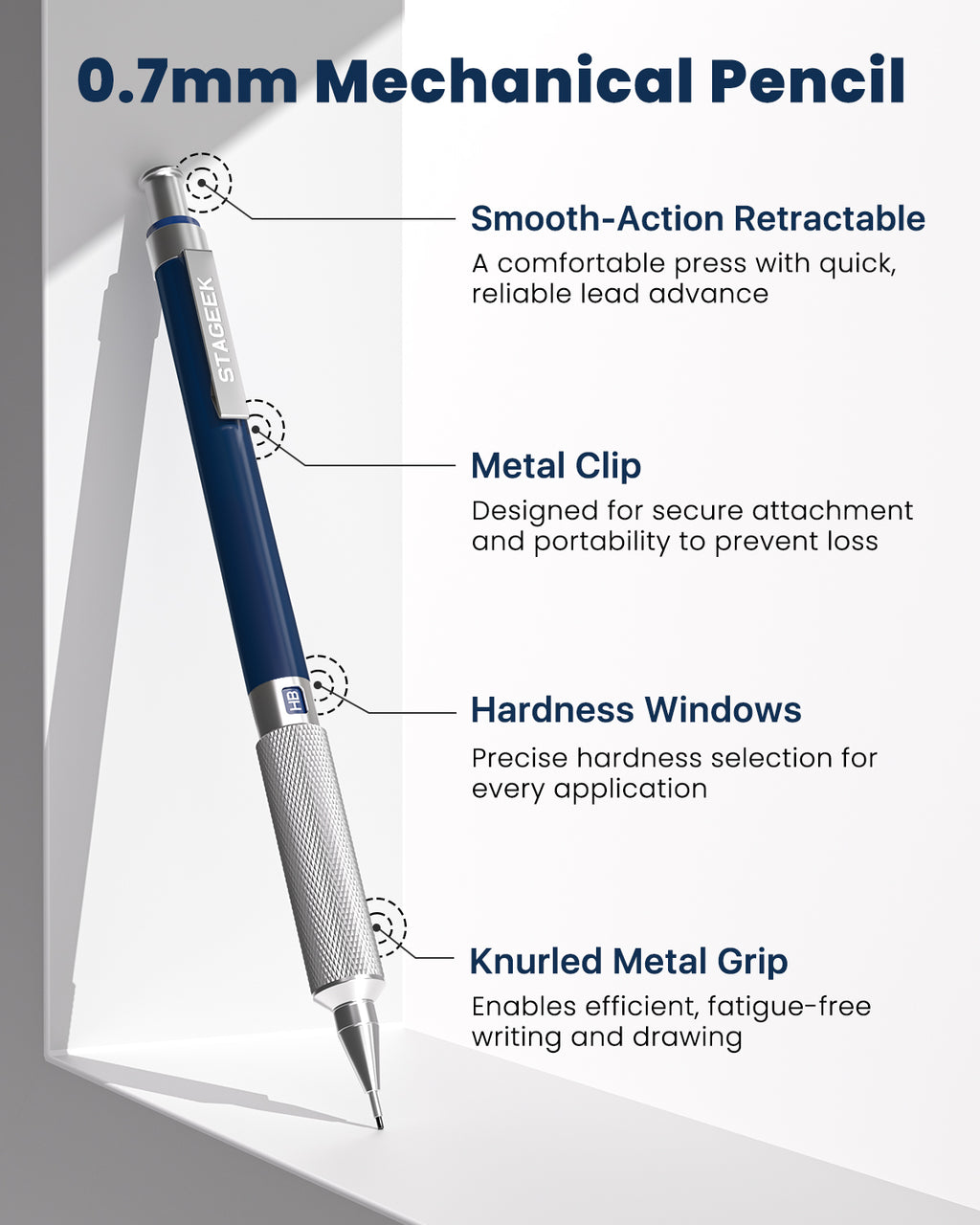 STAGEEK 0.7mm Mechanical Pencil, Metal Art & Drafting Pencil with Eraser and 60 HB Lead Refills, Professional Drawing Pencil for Artists, Office, Writing, Sketching, Drafting(Blue)