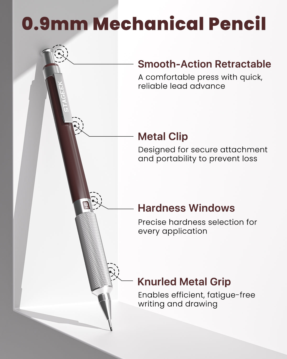 STAGEEK 0.9mm Mechanical Pencil, Metal Art & Drafting Pencil with Eraser and 60 HB Lead Refills, Professional Drawing Pencil for Artists, Office, Writing, Sketching, Drafting(Brown)