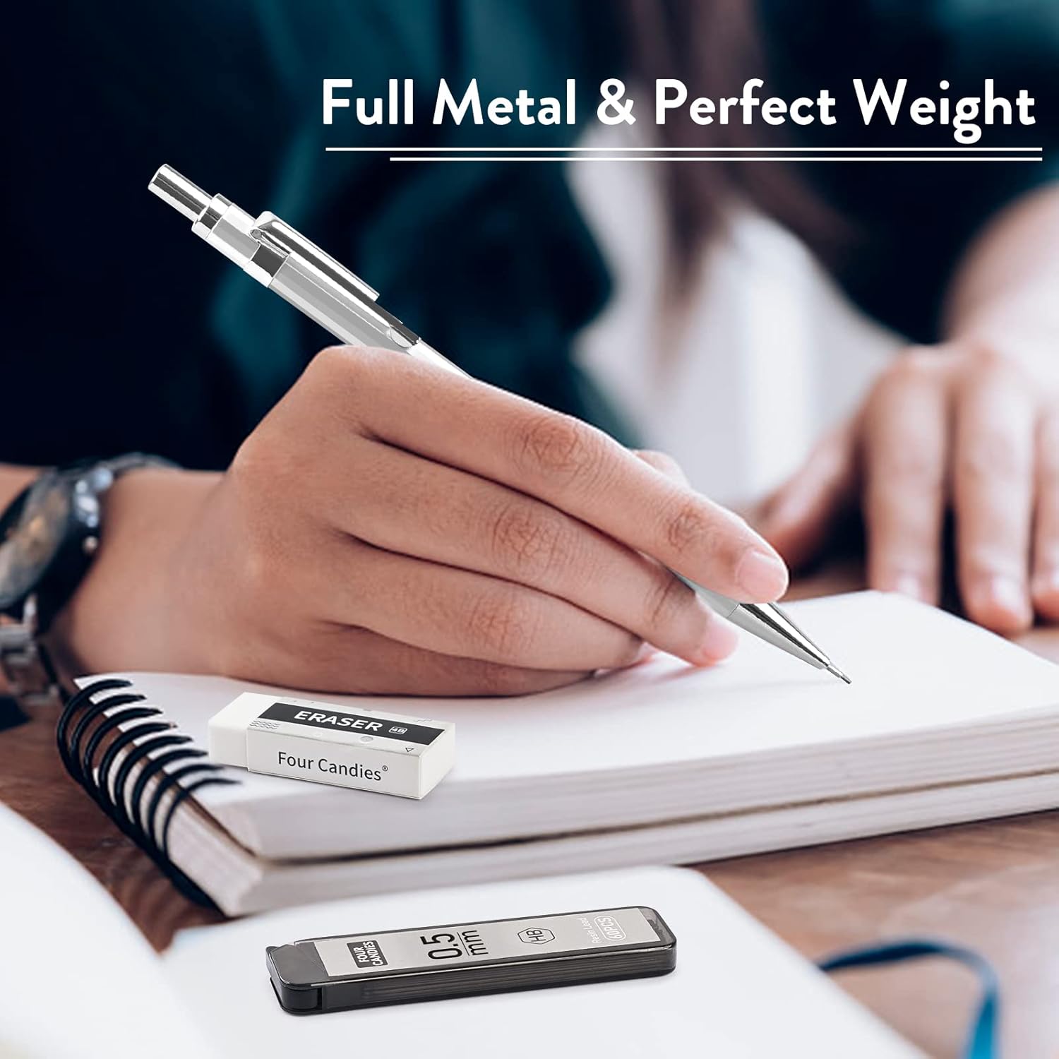 STAGEEK 0.5mm/0.7mm Mechanical Pencil Set with Case - 4PCS Metal Mechanical Pencils, 8 Tubes HB #2 Lead Refills, 3PCS 4B Erasers and 9PCS Eraser Refills, Lead Mechanical Pencils for Writing & Drawing
