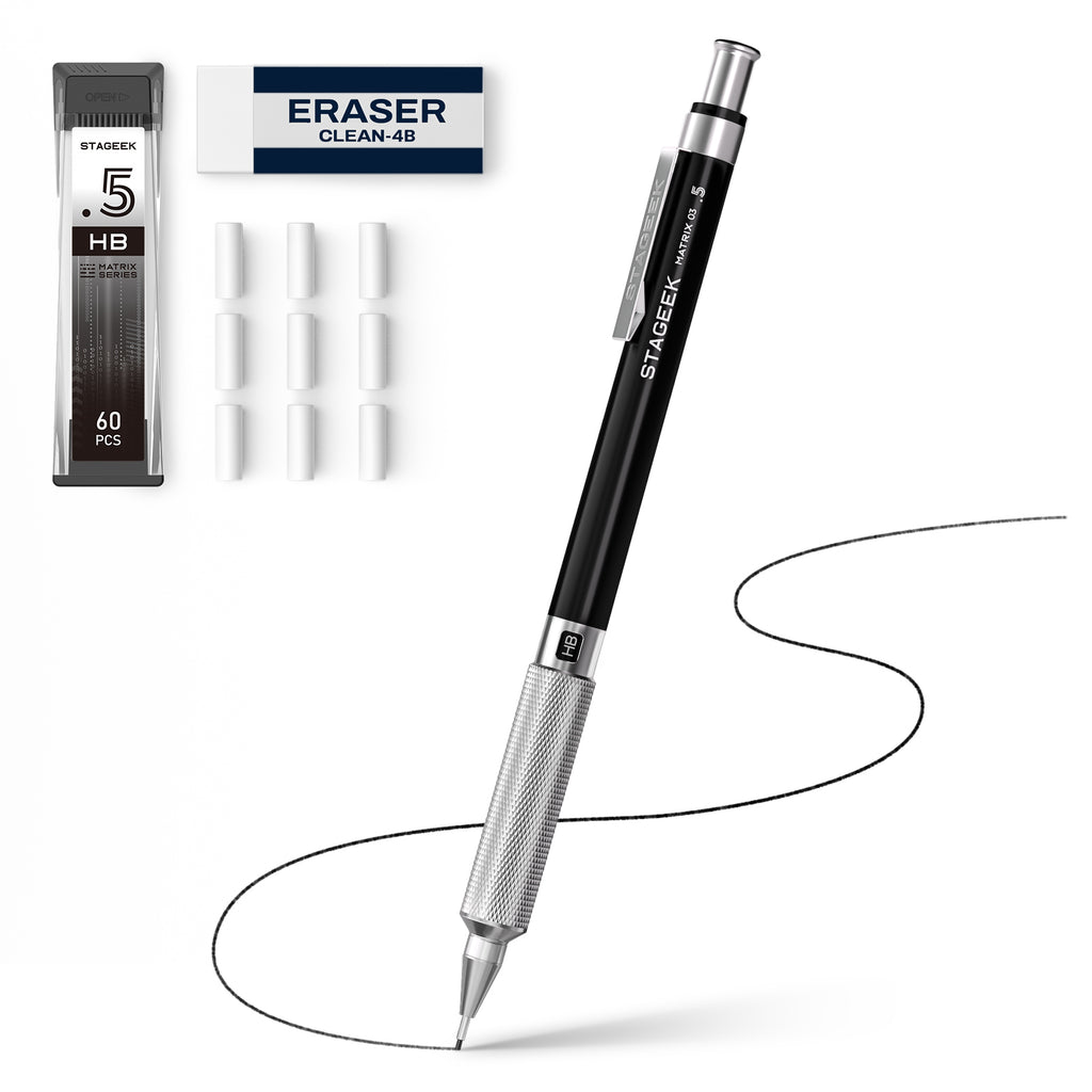 STAGEEK 0.5mm Mechanical Pencil, Metal Art & Drafting Pencil with Eraser and 60 HB Lead Refills, Professional Drawing Pencil for Artists, Office, Writing, Sketching, Drafting(Black)