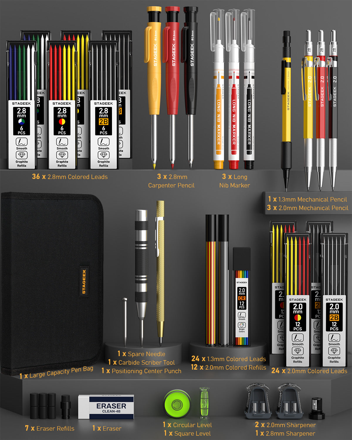 STAGEEK 34 Pack Carpenter Pencil Set with Sharpener, Mechanical