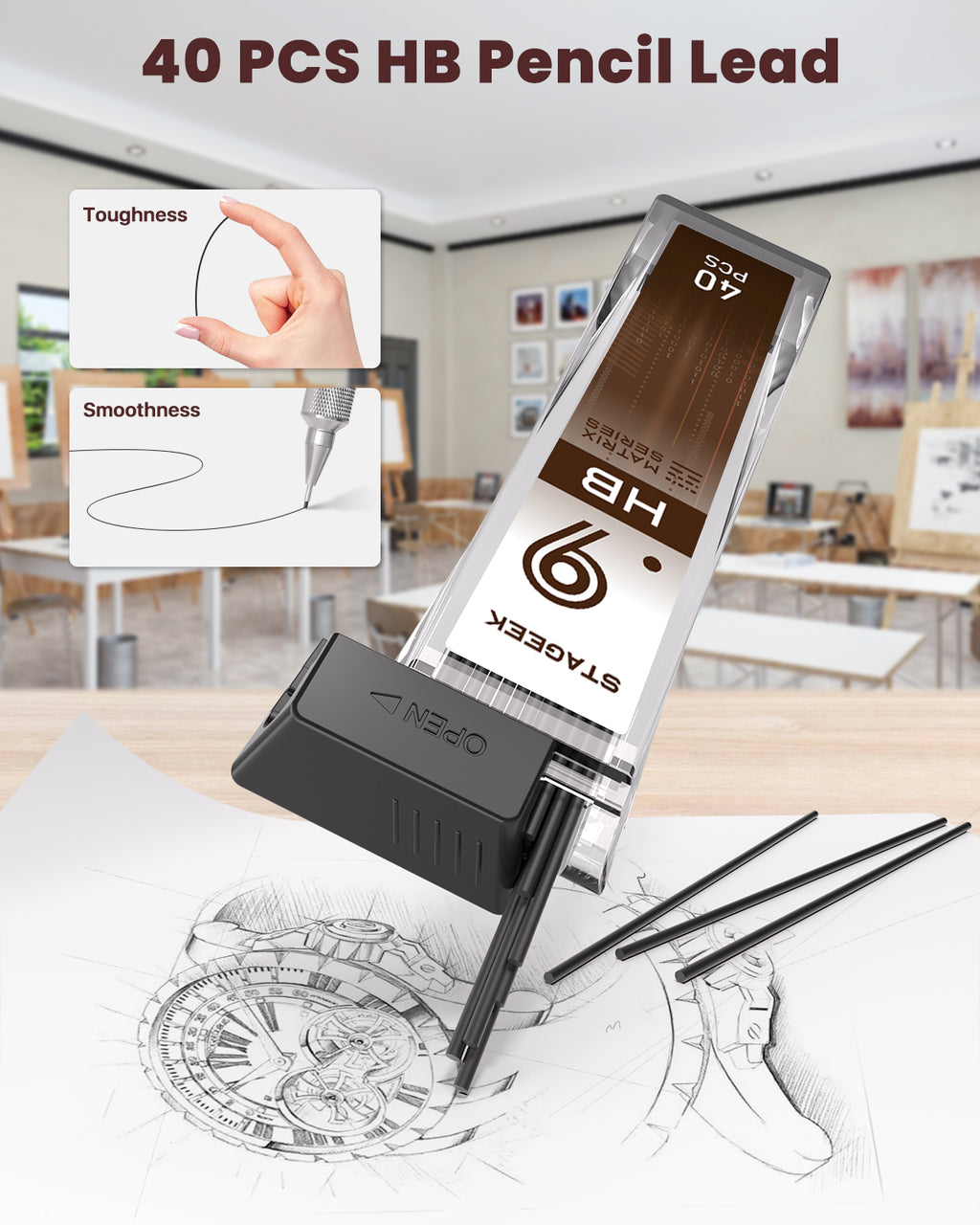 STAGEEK 0.9mm Mechanical Pencil, Metal Art & Drafting Pencil with Eraser and 60 HB Lead Refills, Professional Drawing Pencil for Artists, Office, Writing, Sketching, Drafting(Brown)