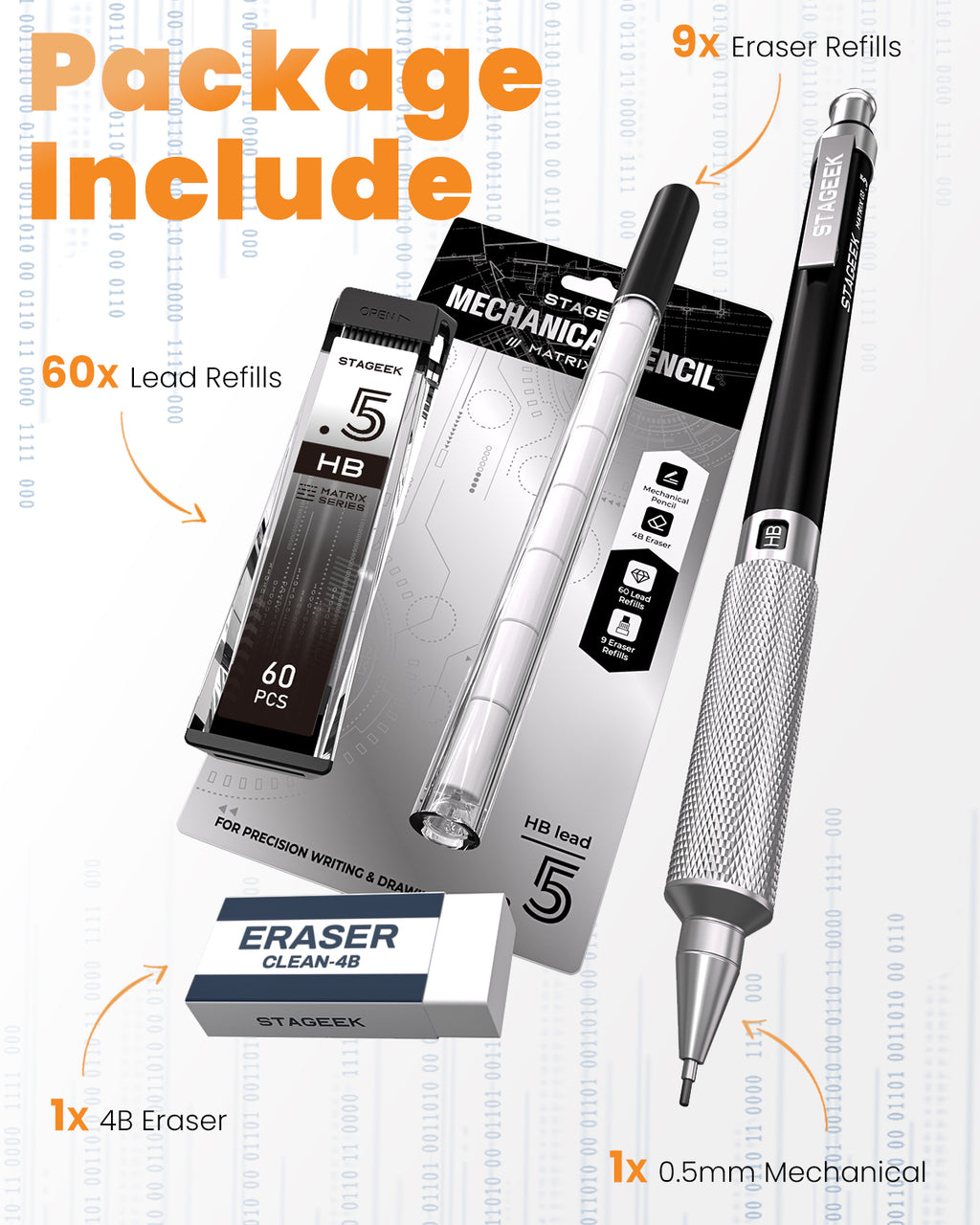 STAGEEK 0.5mm Mechanical Pencil, Metal Art & Drafting Pencil with Eraser and 60 HB Lead Refills, Professional Drawing Pencil for Artists, Office, Writing, Sketching, Drafting(Black)