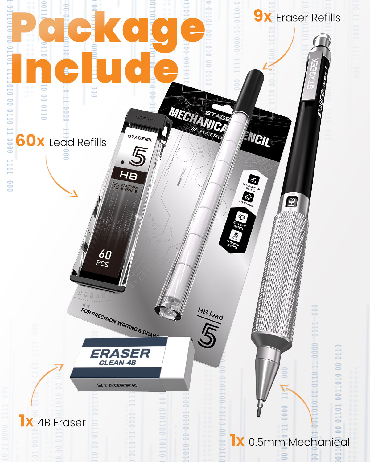 STAGEEK 0.5mm Mechanical Pencil, Metal Art & Drafting Pencil with Eraser and 60 HB Lead Refills, Professional Drawing Pencil for Artists, Office, Writing, Sketching, Drafting(Black)