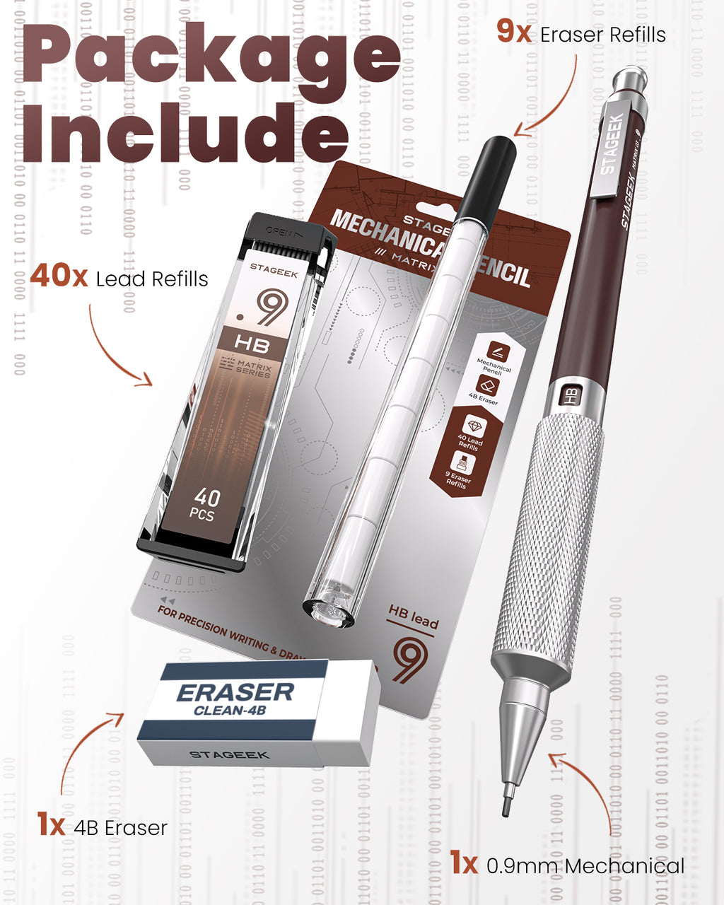 STAGEEK 0.9mm Mechanical Pencil, Metal Art & Drafting Pencil with Eraser and 60 HB Lead Refills, Professional Drawing Pencil for Artists, Office, Writing, Sketching, Drafting(Brown)