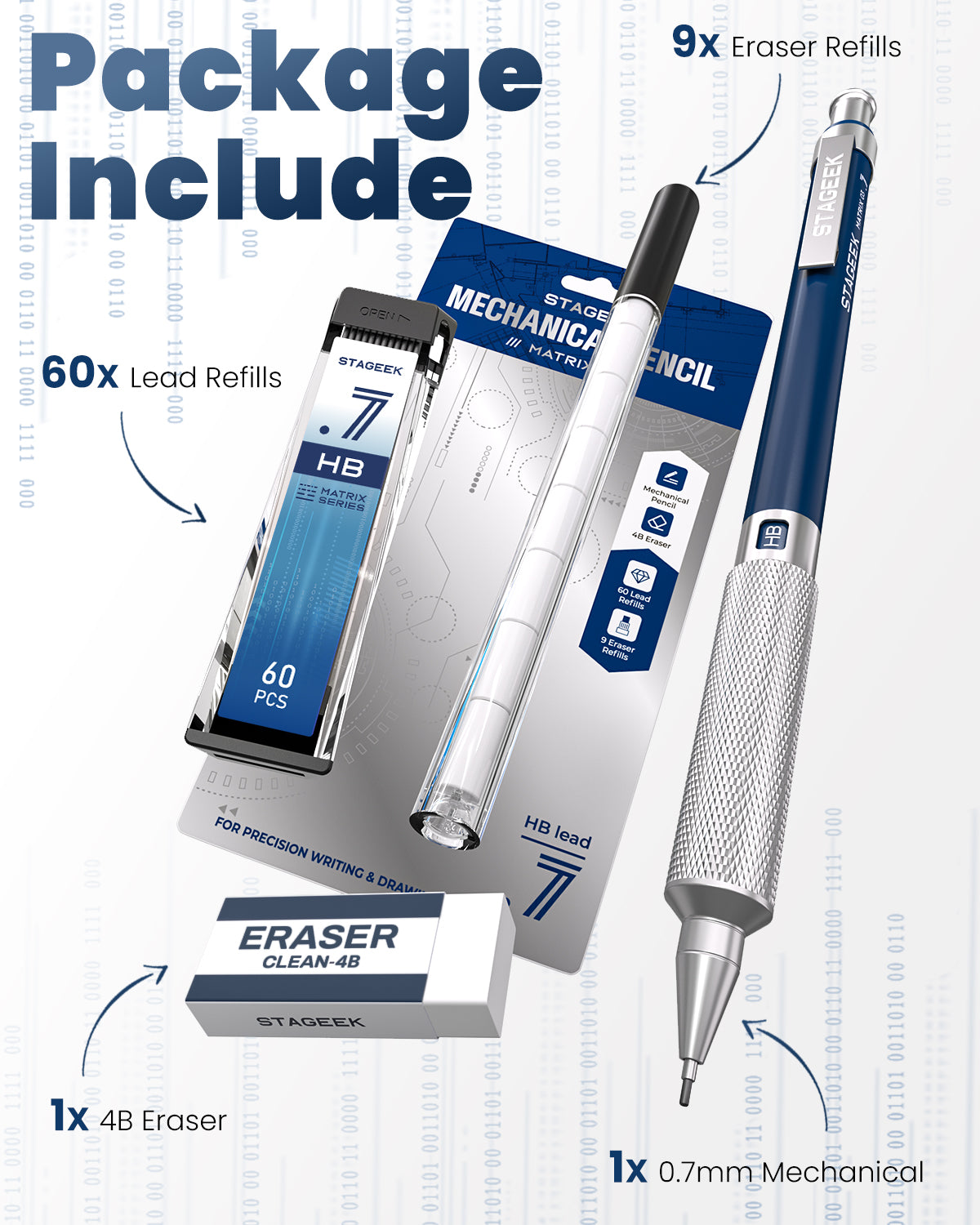 STAGEEK 0.7mm Mechanical Pencil, Metal Art & Drafting Pencil with Eraser and 60 HB Lead Refills, Professional Drawing Pencil for Artists, Office, Writing, Sketching, Drafting(Blue)
