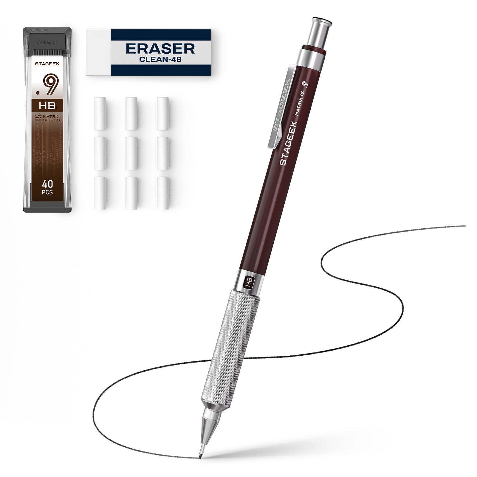 STAGEEK 0.9mm Mechanical Pencil, Metal Art & Drafting Pencil with Eraser and 60 HB Lead Refills, Professional Drawing Pencil for Artists, Office, Writing, Sketching, Drafting(Brown)