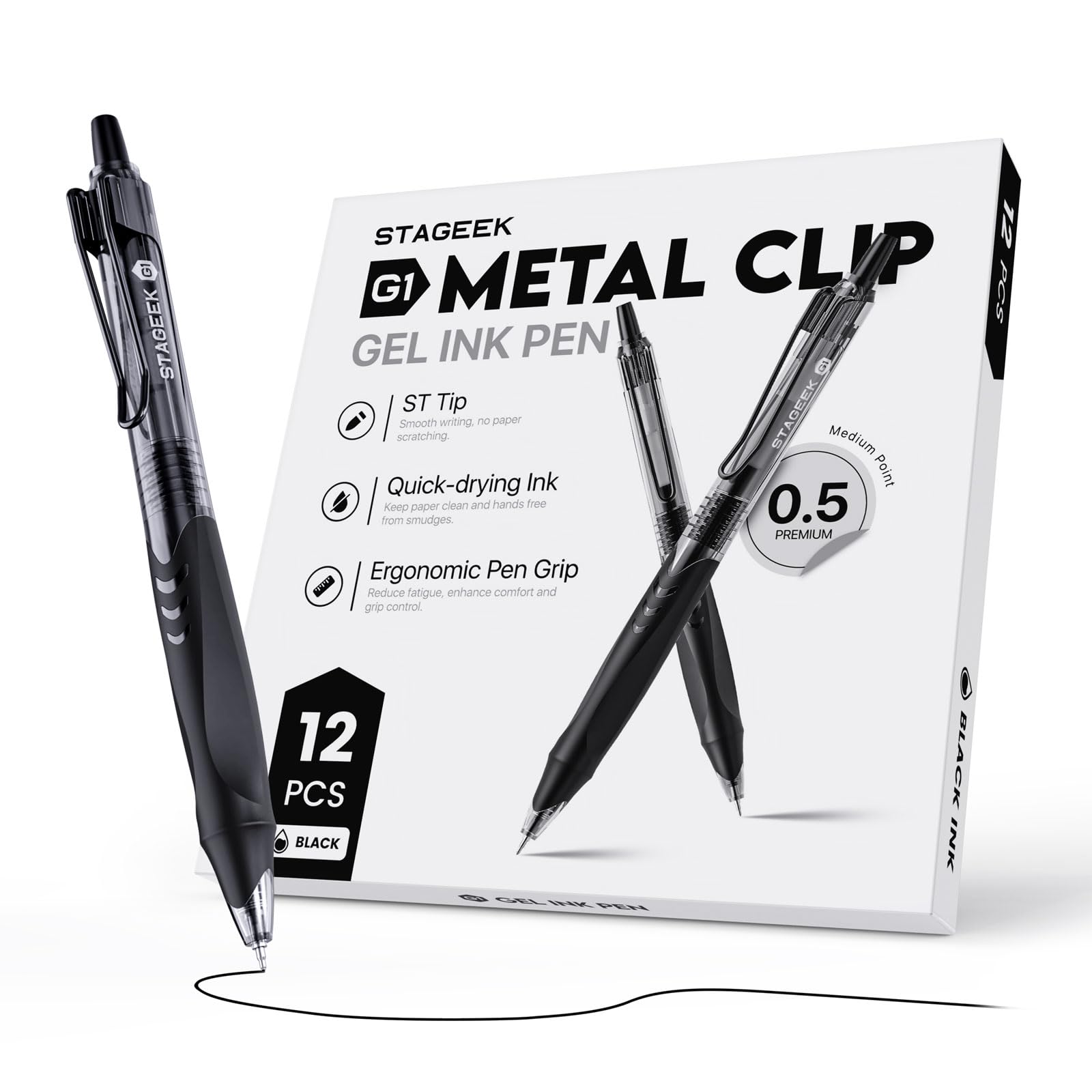 STAGEEK - Pack of 12 Black Gel Pens, Quick-Drying Black Ink Pens, 0.5mm Fine Point, Retractable Smooth-Writing Pens for Journaling and Writing