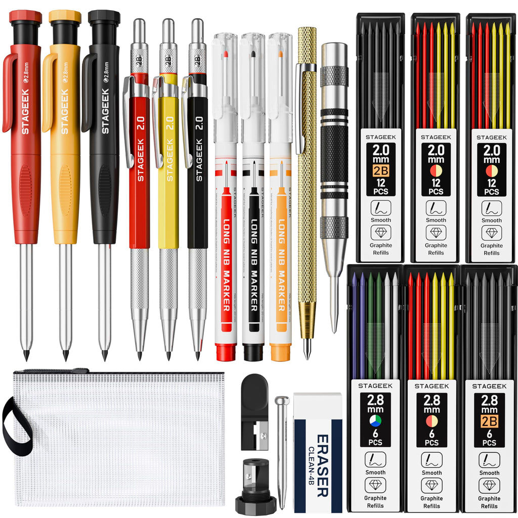 STAGEEK 22 Pack Mechanical Carpenter Pencil Set with Sharpener 60 Refills, Automatic Center Punch, Carbide Scribe Tool, Eraser and Deep Hole Marker Pen