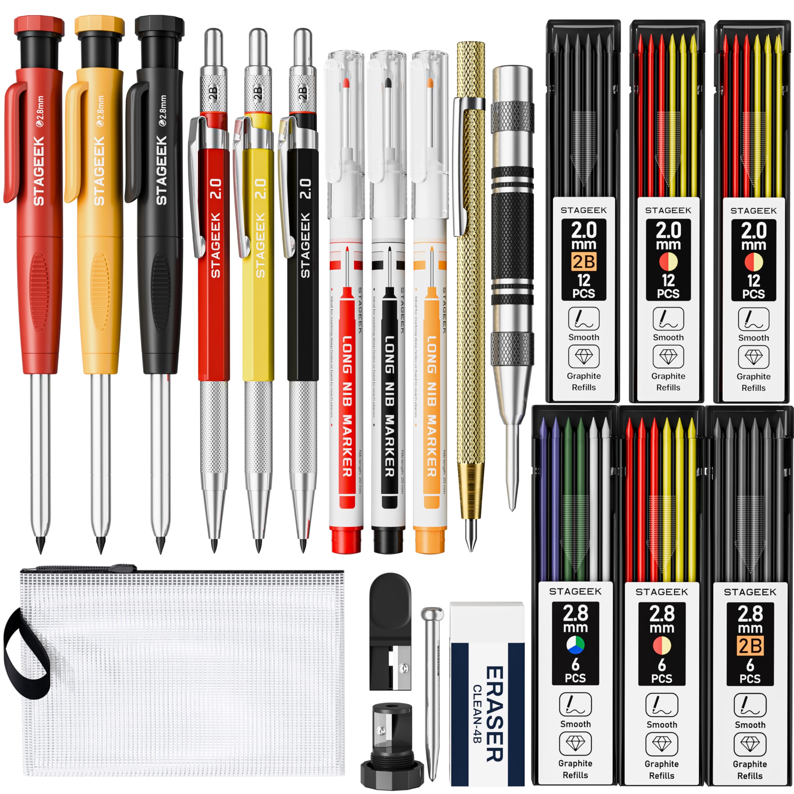 STAGEEK 22 Pack Mechanical Carpenter Pencil Set with Sharpener 60 Refills, Automatic Center Punch, Carbide Scribe Tool, Eraser and Deep Hole Marker Pen