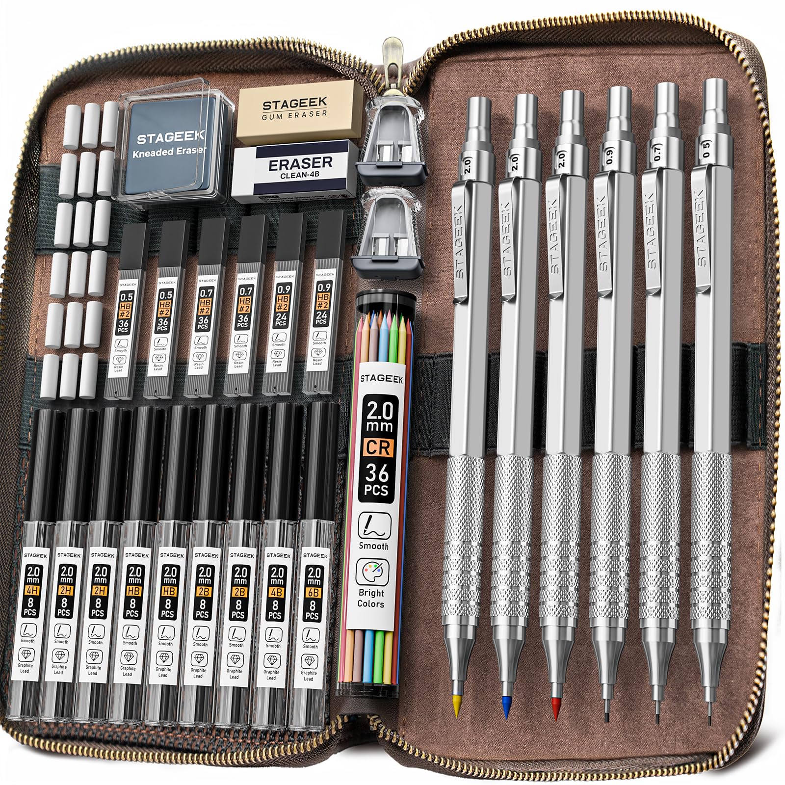 30PCS Black/Silver Metal Mechanical Pencil Set in Leather Case, 0.5/0.7/0.9/2.0mm Art Drafting Pencils with 16 Tubes Graphite Leads (6B 4B 2B HB 2H 4H) & Colored Refills for Sketching, Drawing, Writing
