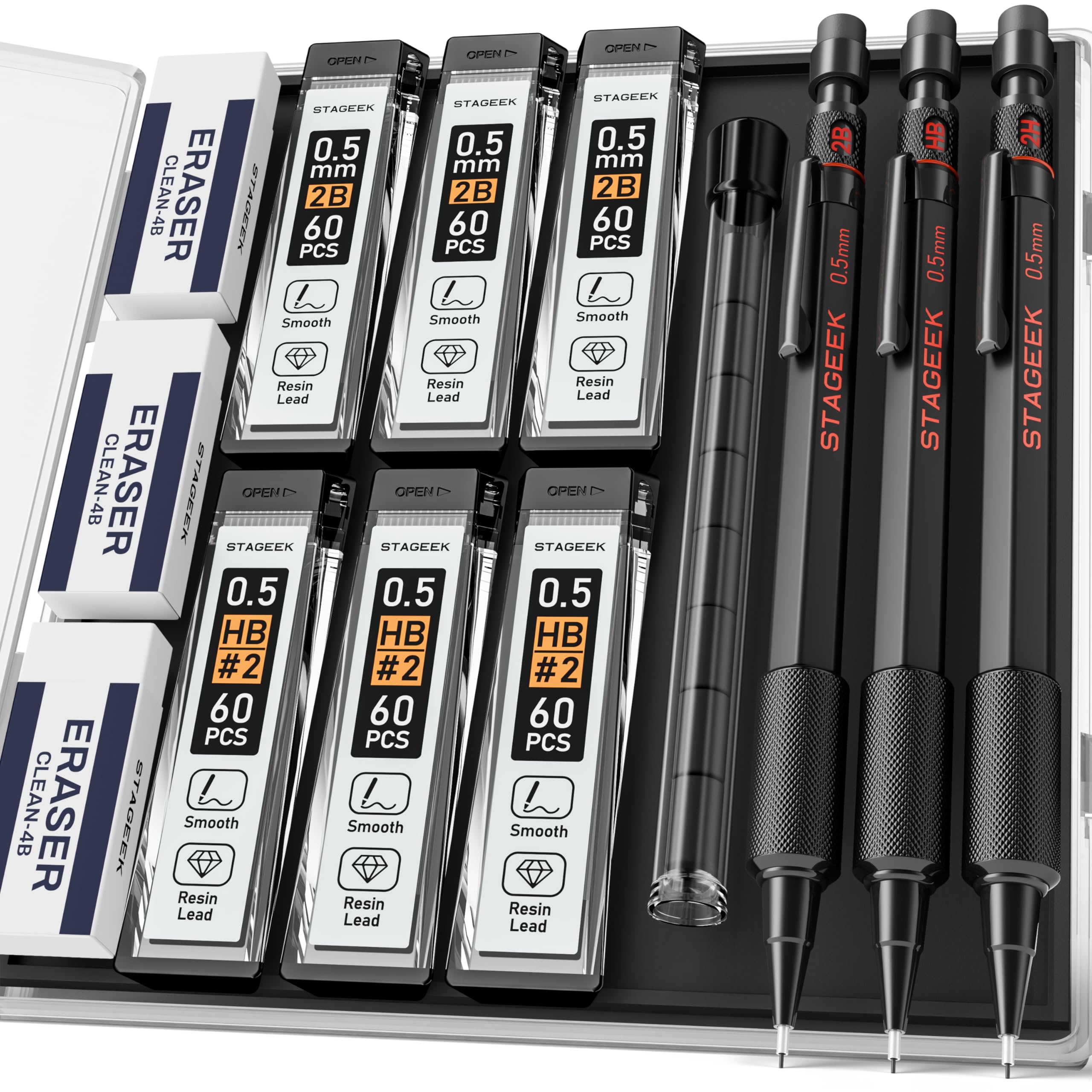 STAGEEK 0.5mm Mechanical Pencil Set, 3PCS Metal Mechanical Pencils 0.5mm with 6 Tubes HB & 2B Lead Refills, Erasers, Weatherproof Artist Pencils with Case for Outdoor Writing Drafting Drawing