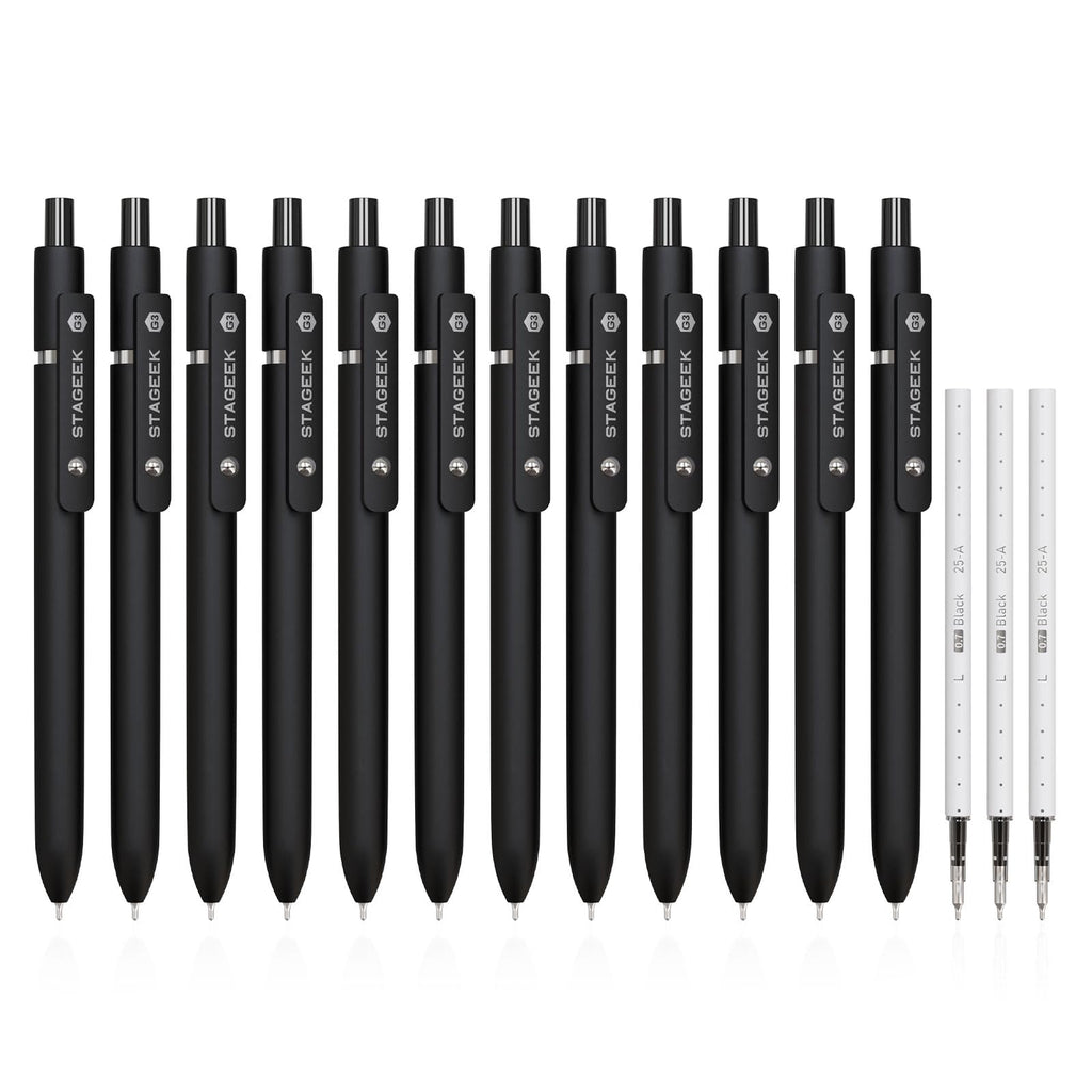 STAGEEK Black Gel Pens GX3, 12Pcs Fine Point Smooth Writing Pens with 3 Extra Refills, Quick Dry Black Ink Pens for Journaling, Office, Note Taking, School Supplies, Nurse Aesthetic(Black)