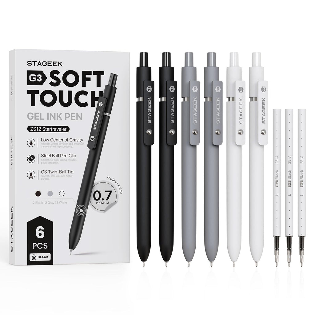 STAGEEK Black Gel Pens GX3, 6 Pcs Fine Point Smooth Writing Pens with 3 Extra Refills, Quick Dry Black Ink Pens for Journaling, Office, Note Taking, School Supplies, Nurse Aesthetic(Black Gray White)