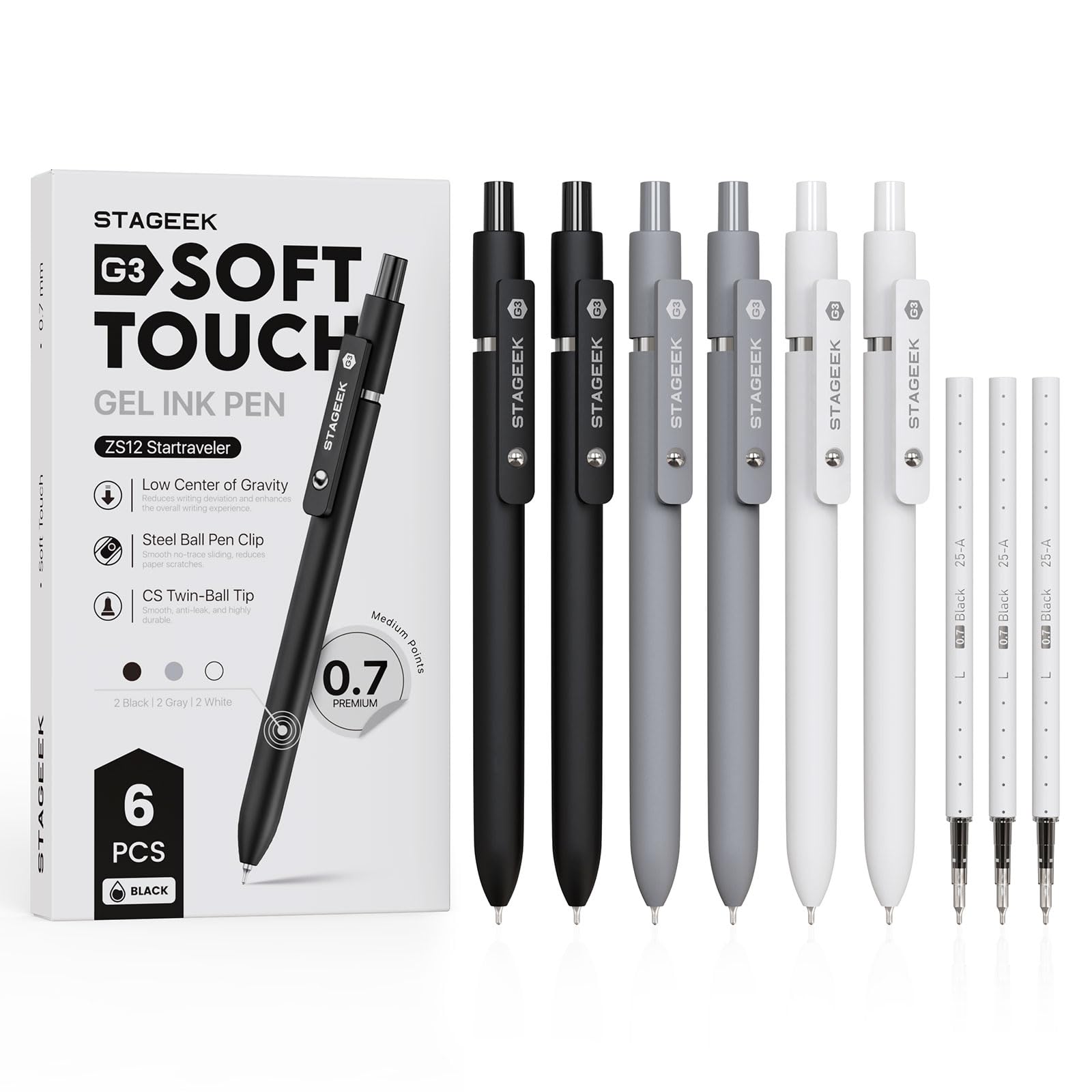 STAGEEK Black Gel Pens GX3, 6 Pcs Fine Point Smooth Writing Pens with 3 Extra Refills, Quick Dry Black Ink Pens for Journaling, Office, Note Taking, School Supplies, Nurse Aesthetic(Black Gray White)