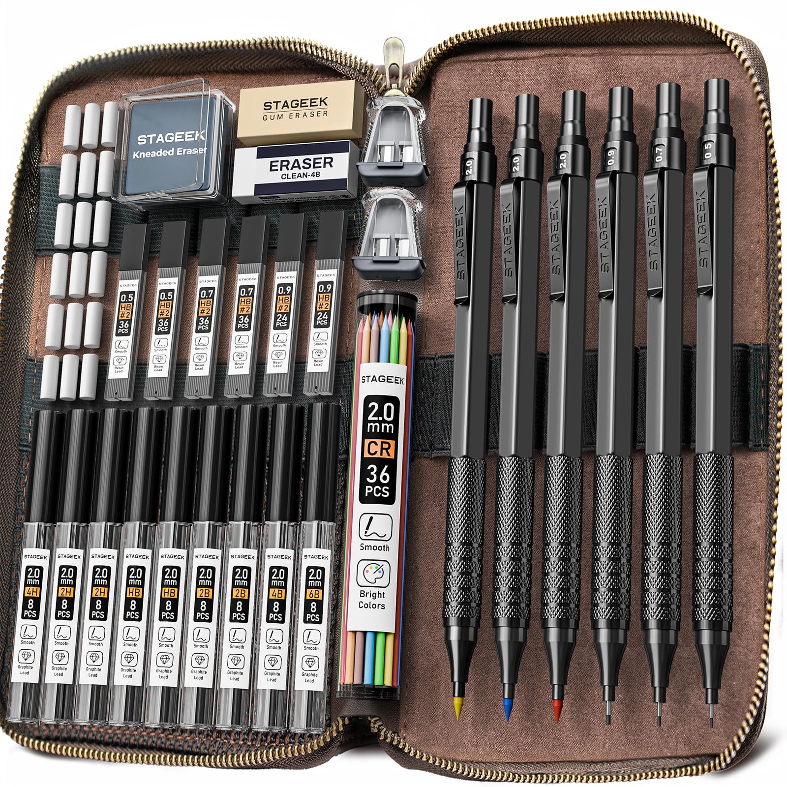 30PCS Black/Silver Metal Mechanical Pencil Set in Leather Case, 0.5/0.7/0.9/2.0mm Art Drafting Pencils with 16 Tubes Graphite Leads (6B 4B 2B HB 2H 4H) & Colored Refills for Sketching, Drawing, Writing
