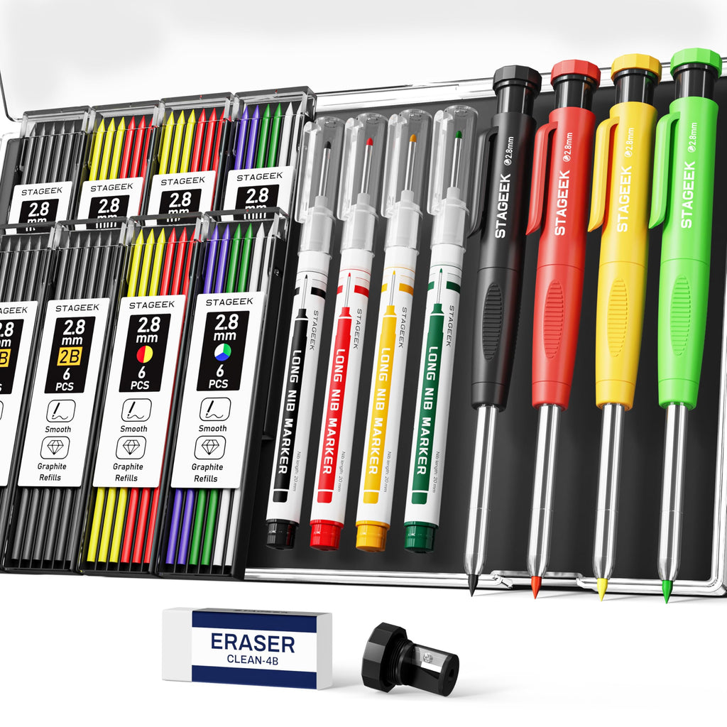 STAGEEK 4 Pack Carpenter Pencil with Sharpener, Mechanical Pencils Set, Heavy Duty Construction Pencil, Carpenter Tools for Architect Marking