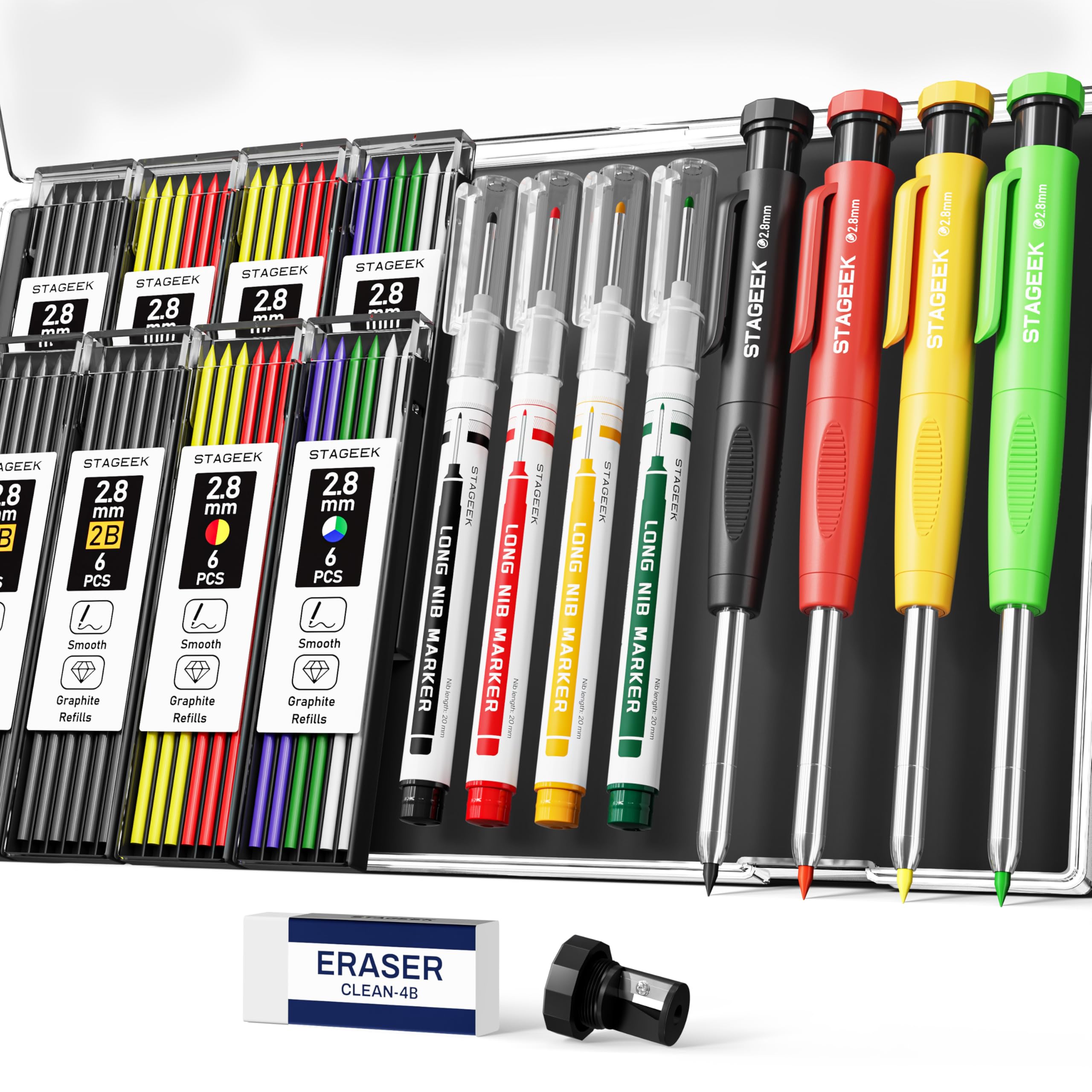STAGEEK 4 Pack Carpenter Pencil with Sharpener, Mechanical Pencils Set, Heavy Duty Construction Pencil, Carpenter Tools for Architect Marking