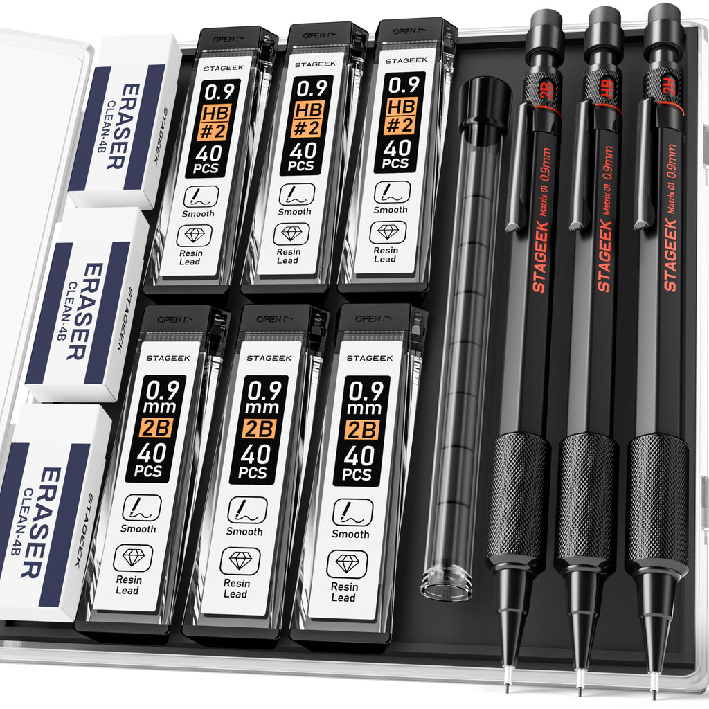 STAGEEK 0.9mm Mechanical Pencil Set, 3PCS Metal Mechanical Pencils with 6 Tubes HB & 2B Lead Refills,Erasers, Weatherproof Artist Pencils with Case for Outdoor Writing Drafting Drawing