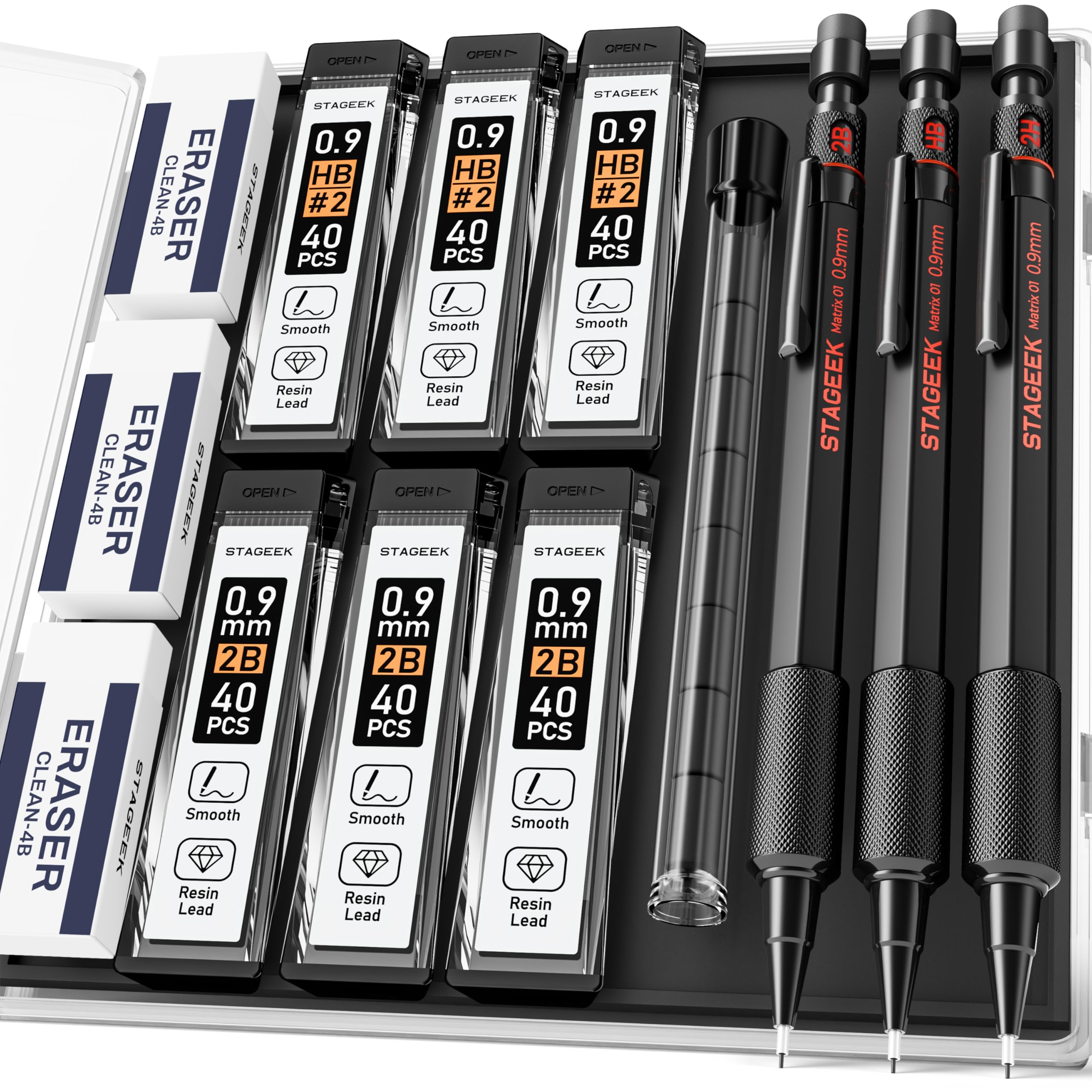 STAGEEK 0.9mm Mechanical Pencil Set, 3PCS Metal Mechanical Pencils with 6 Tubes HB & 2B Lead Refills,Erasers, Weatherproof Artist Pencils with Case for Outdoor Writing Drafting Drawing