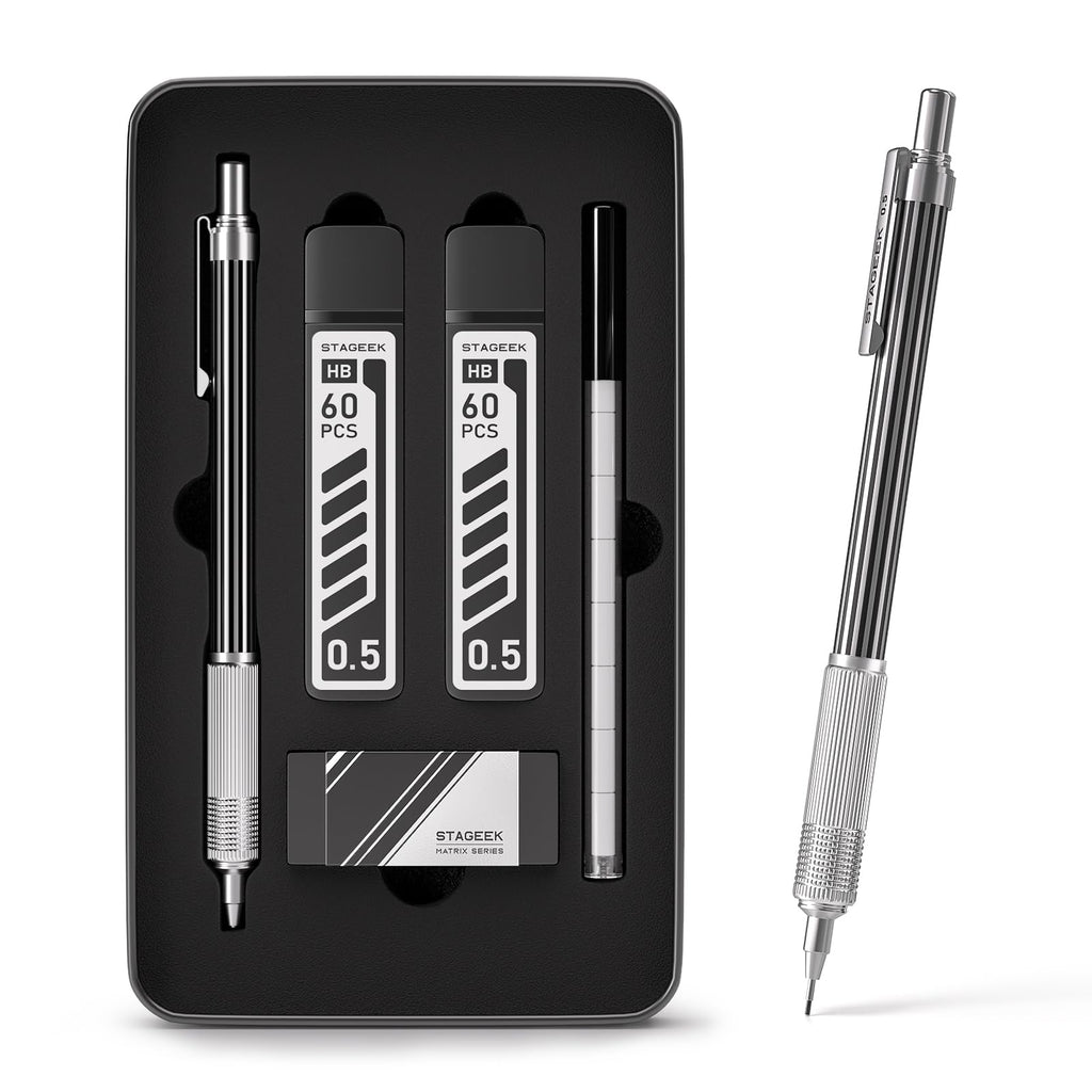 STAGEEK 0.5mm Mechanical Pencil with Metal Gift Case, 1PCs Metal Mechanical Pencil with 120PCS HB Lead Refills,4B Erasers and 9PCS Eraser Refills, for Writing Drafting Drawing and Sketching(Silver)