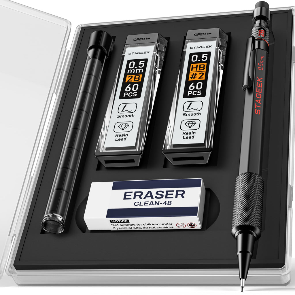 STAGEEK Mechanical Pencils 0.5 with Case, Metal Weatherproof Body Outdoor Artist Mechanical Pencil with 120 PCS HB & 2B Lead Refills, Eraser, for Writing Drafting Drawing and Sketching