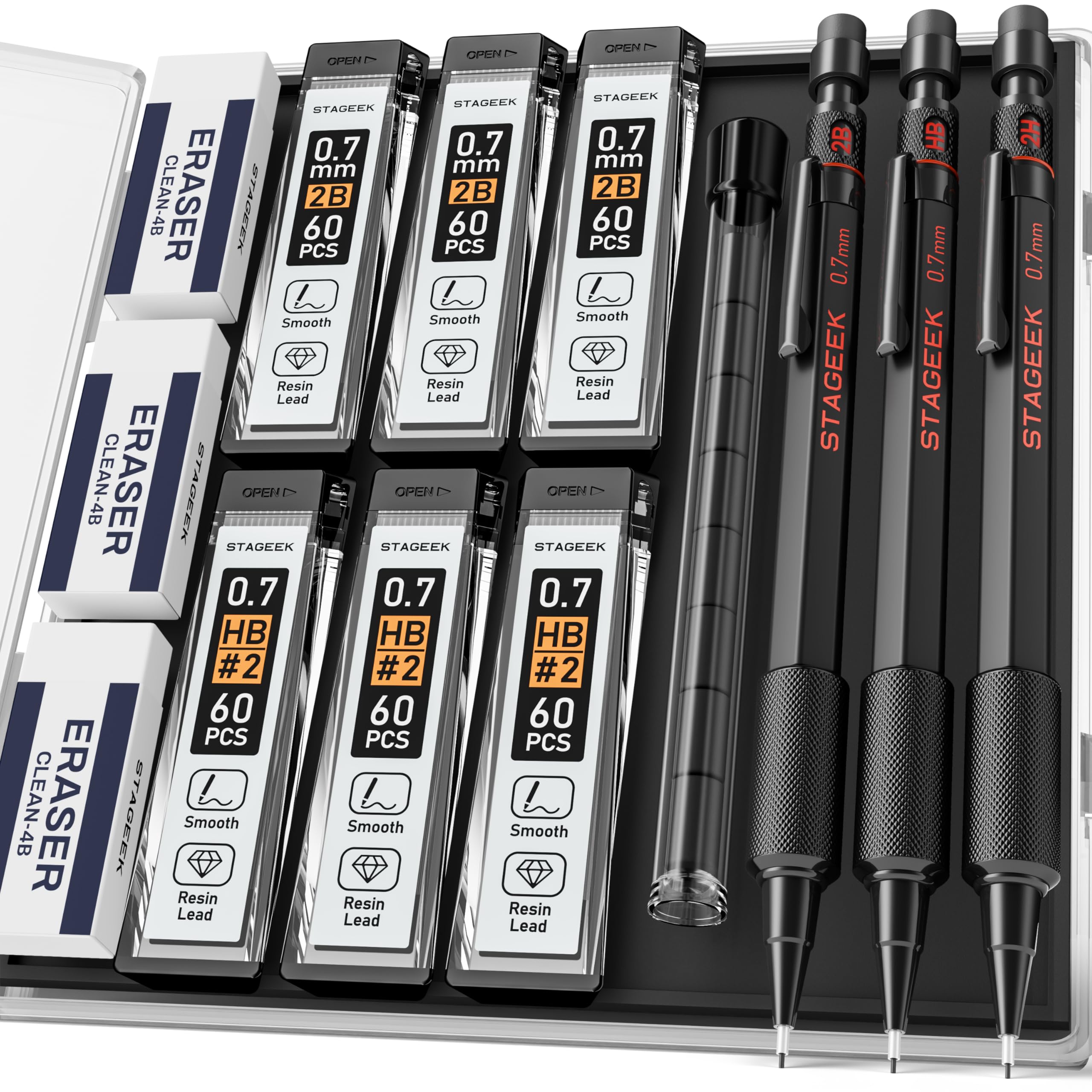 STAGEEK 0.7mm Mechanical Pencil Set, 3PCS Metal Mechanical Pencils 0.7mm with 6 Tubes HB & 2B Lead Refills,Erasers, Weatherproof Artist Pencils with Case for Outdoor Writing Drafting Drawing