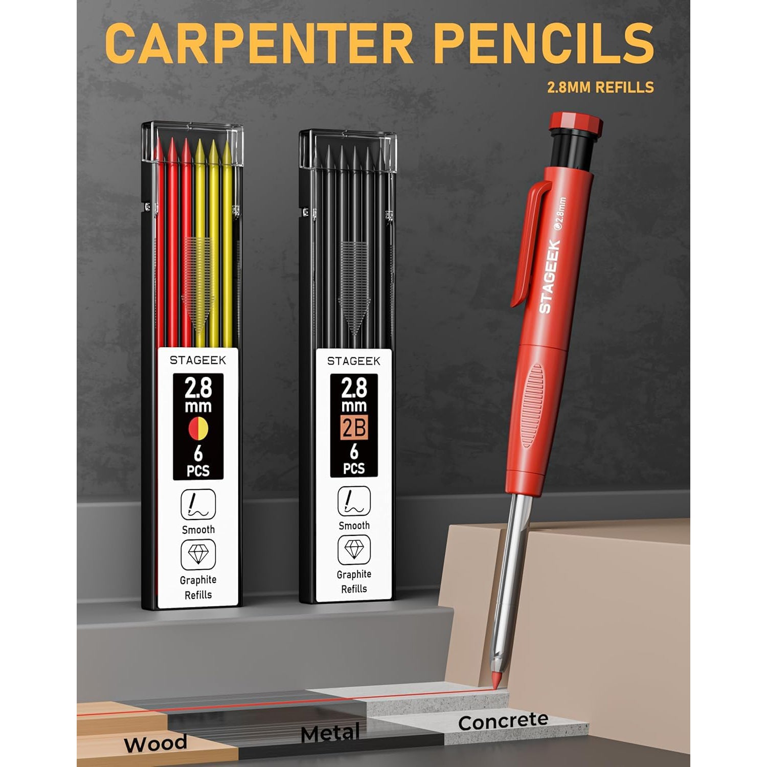 STAGEEK 14 Pack Carpenter Pencil Set with Sharpener | Construction Pencil Set with Deep Hole Long-Nib Markers , Woodworking Tool & Carpenter Pencils for Architect, DIY with Case