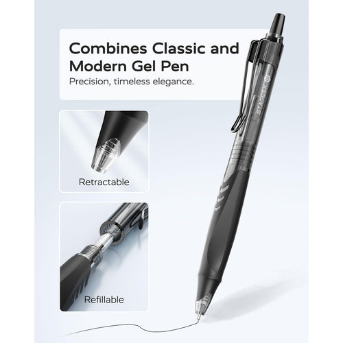 STAGEEK - Pack of 12 Black Gel Pens, Quick-Drying Black Ink Pens, 0.5mm Fine Point, Retractable Smooth-Writing Pens for Journaling and Writing