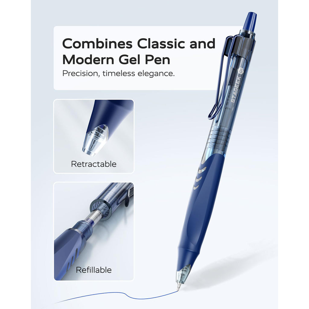 STAGEEK 12 Pack Blue Gel Pens, Quick Dry Blue Ink Pen, 0.5mm Fine Point Retractable Smooth Writing Pens For Journaling, Writing, Business Gel Pen For Office & Home Supplies