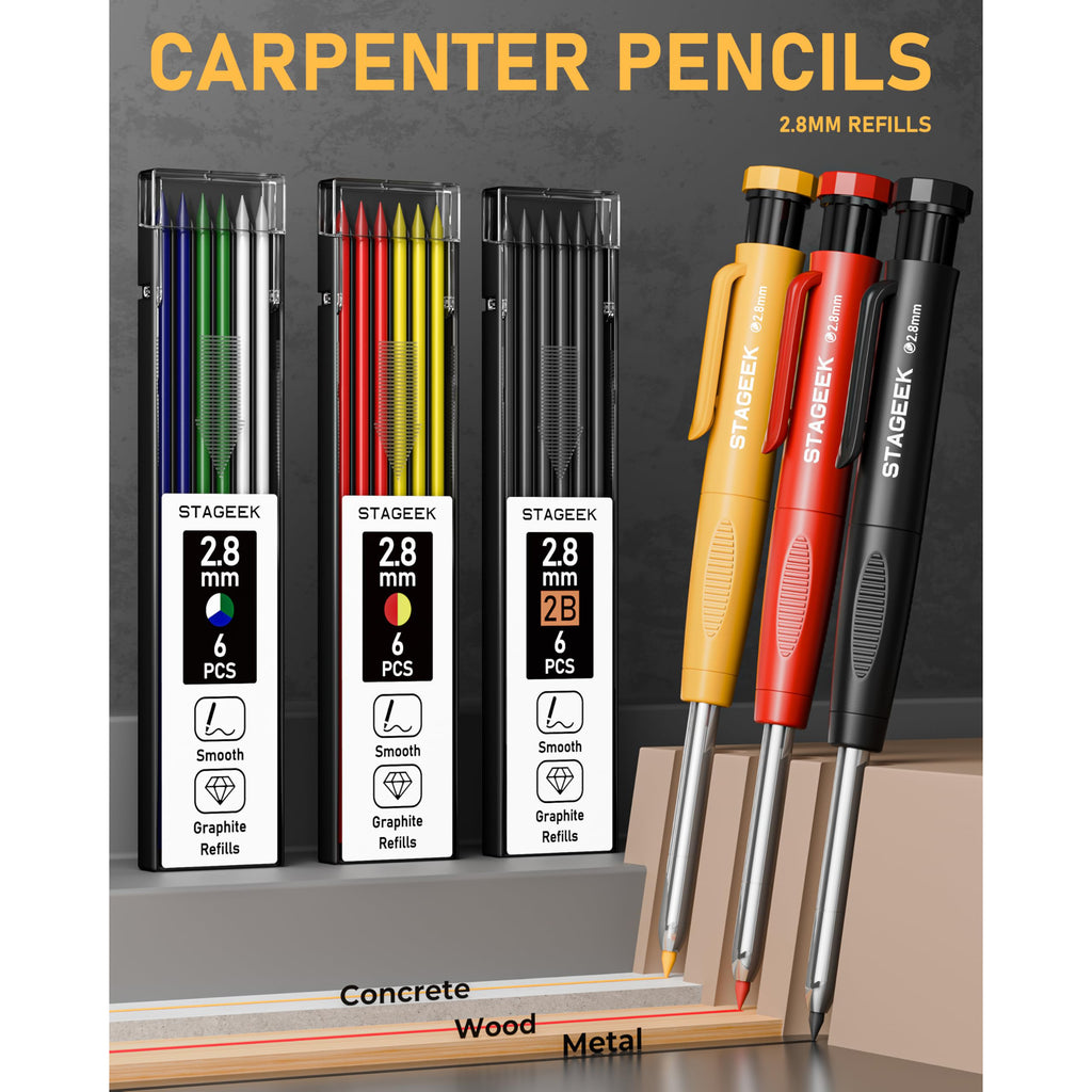STAGEEK 22 Pack Mechanical Carpenter Pencil Set with Sharpener 60 Refills, Automatic Center Punch, Carbide Scribe Tool, Eraser and Deep Hole Marker Pen