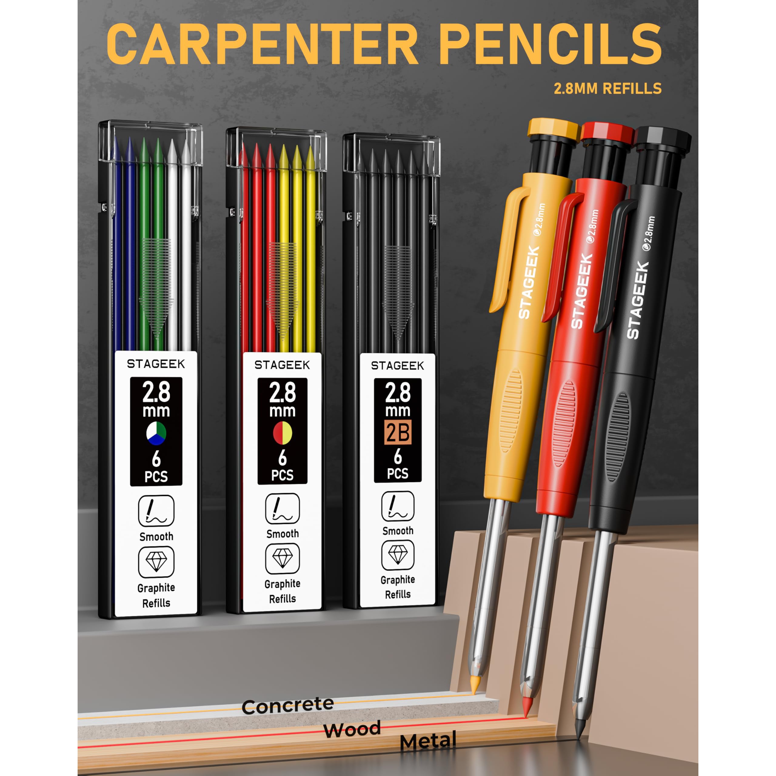 STAGEEK 22 Pack Mechanical Carpenter Pencil Set with Sharpener 60 Refills, Automatic Center Punch, Carbide Scribe Tool, Eraser and Deep Hole Marker Pen