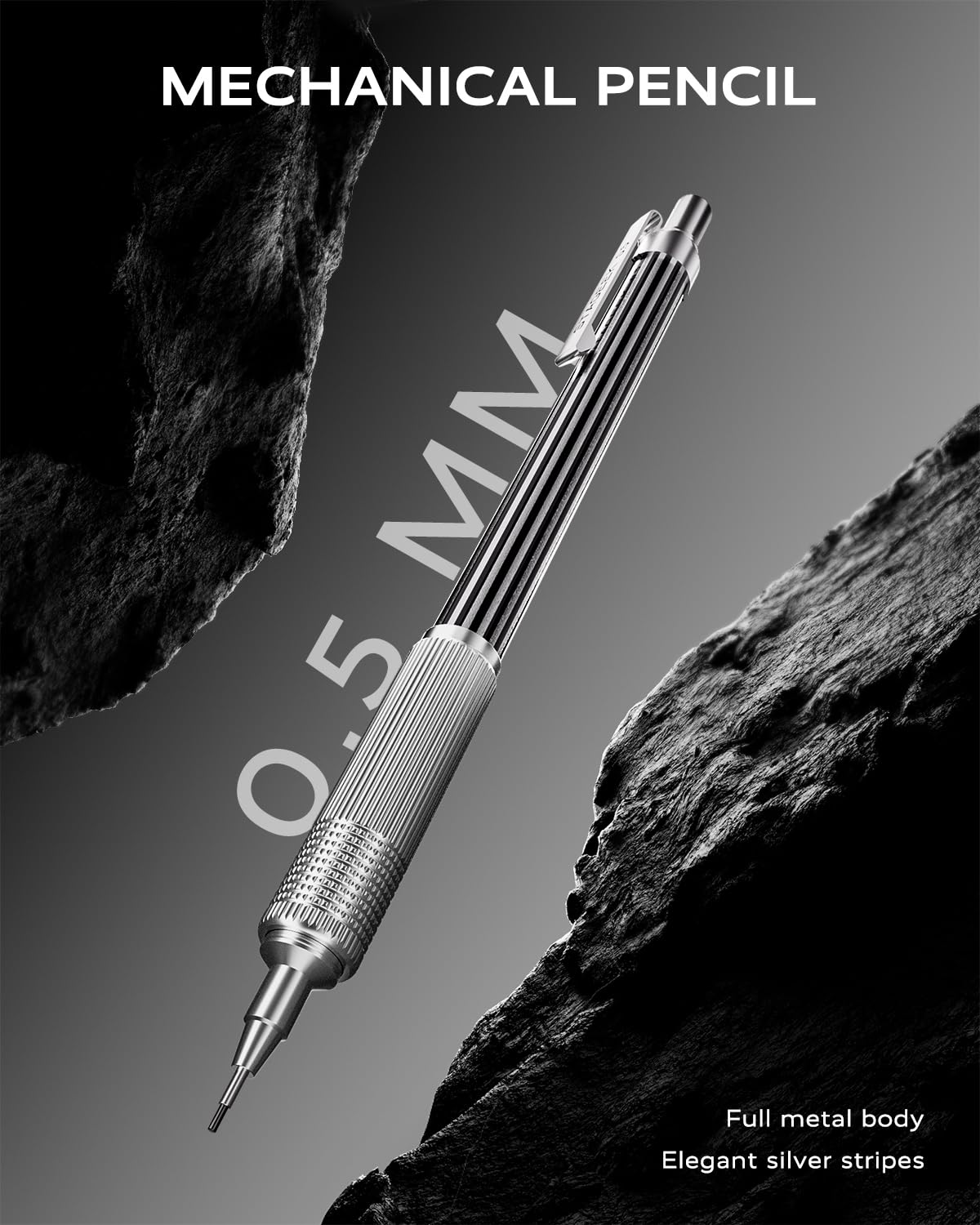 STAGEEK 0.5mm Mechanical Pencil with Metal Gift Case, 1PCs Metal Mechanical Pencil with 120PCS HB Lead Refills,4B Erasers and 9PCS Eraser Refills, for Writing Drafting Drawing and Sketching(Silver)