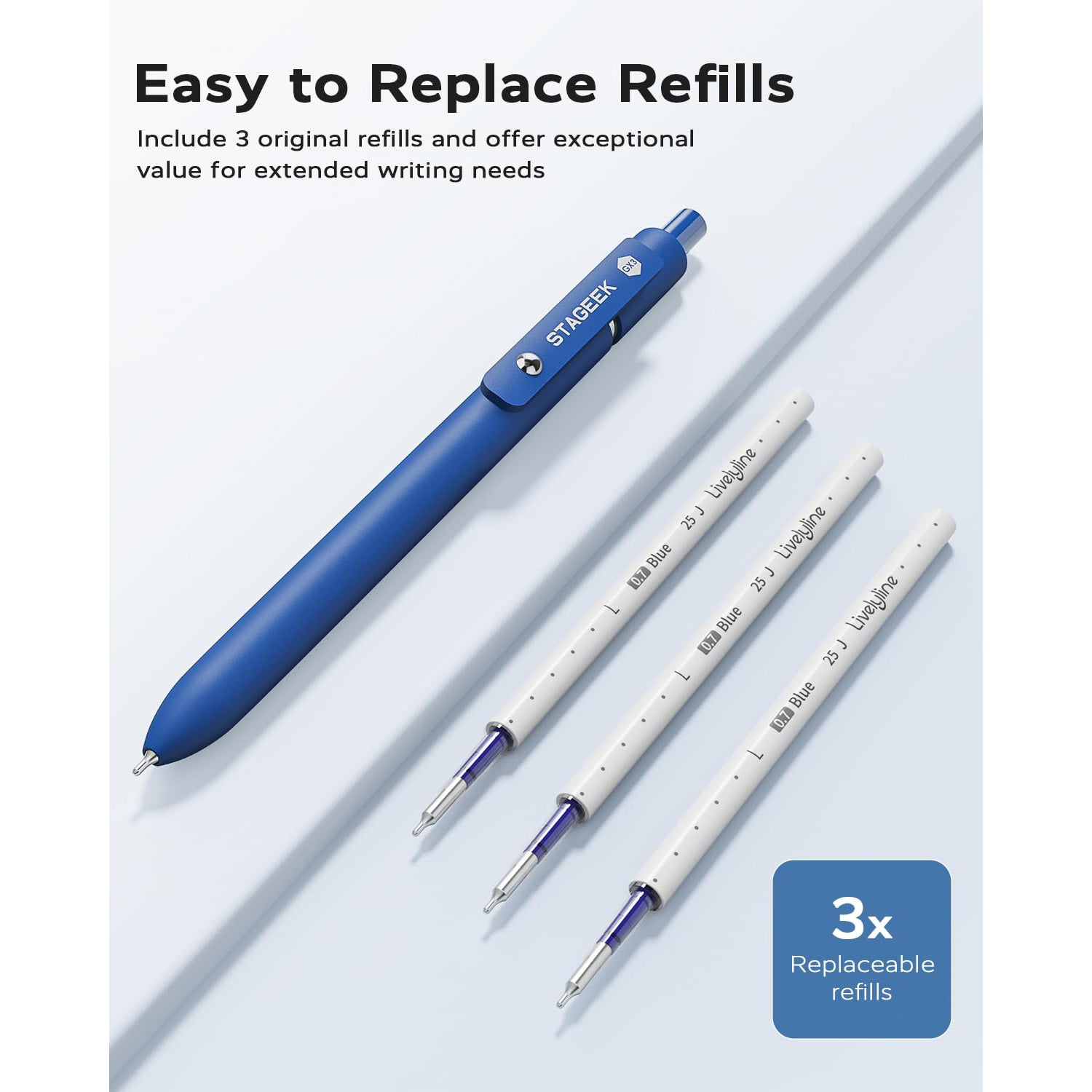 STAGEEK Blue Gel Pens GX3, 12Pcs Quick Dry Blue Ink Pens with 3 Extra Refills, Fine Point Retractable Smooth Writing Pens for Journaling, Office, Note Taking, Nurse Aesthetic