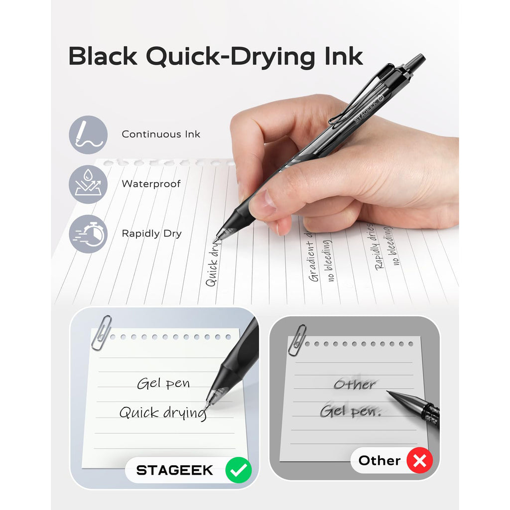 STAGEEK - Pack of 12 Black Gel Pens, Quick-Drying Black Ink Pens, 0.5mm Fine Point, Retractable Smooth-Writing Pens for Journaling and Writing