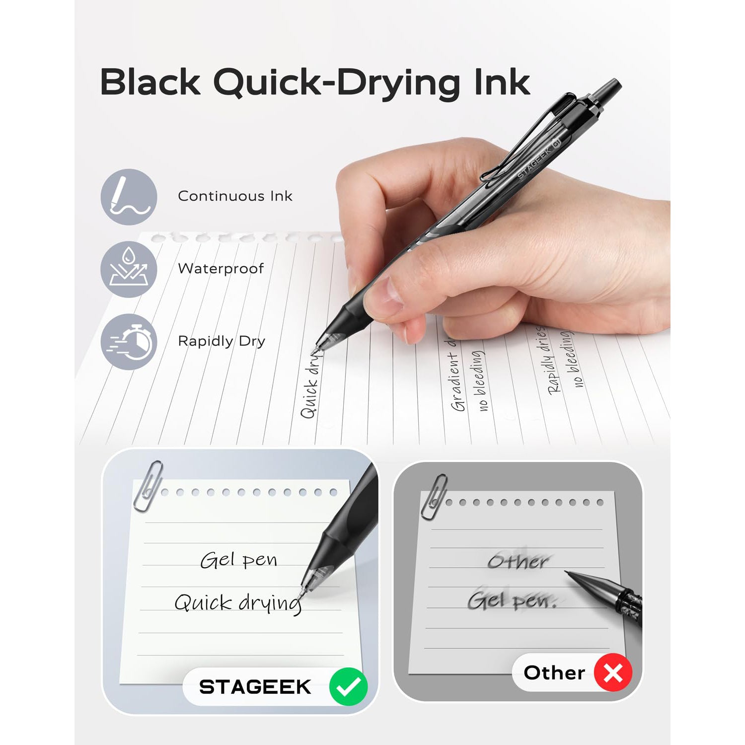 STAGEEK - Pack of 12 Black Gel Pens, Quick-Drying Black Ink Pens, 0.5mm Fine Point, Retractable Smooth-Writing Pens for Journaling and Writing