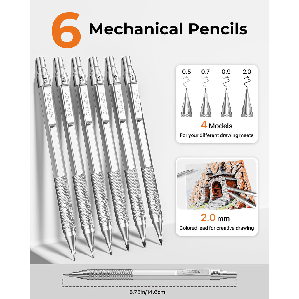 30PCS Black/Silver Metal Mechanical Pencil Set in Leather Case, 0.5/0.7/0.9/2.0mm Art Drafting Pencils with 16 Tubes Graphite Leads (6B 4B 2B HB 2H 4H) & Colored Refills for Sketching, Drawing, Writing