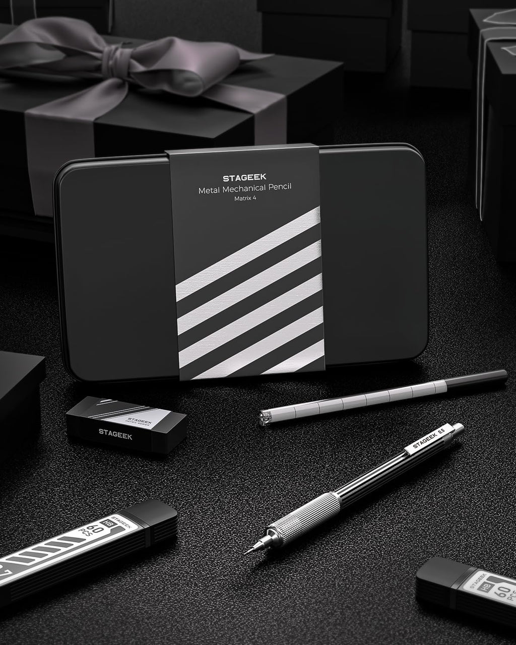 STAGEEK 0.5mm Mechanical Pencil with Metal Gift Case, 1PCs Metal Mechanical Pencil with 120PCS HB Lead Refills,4B Erasers and 9PCS Eraser Refills, for Writing Drafting Drawing and Sketching(Silver)