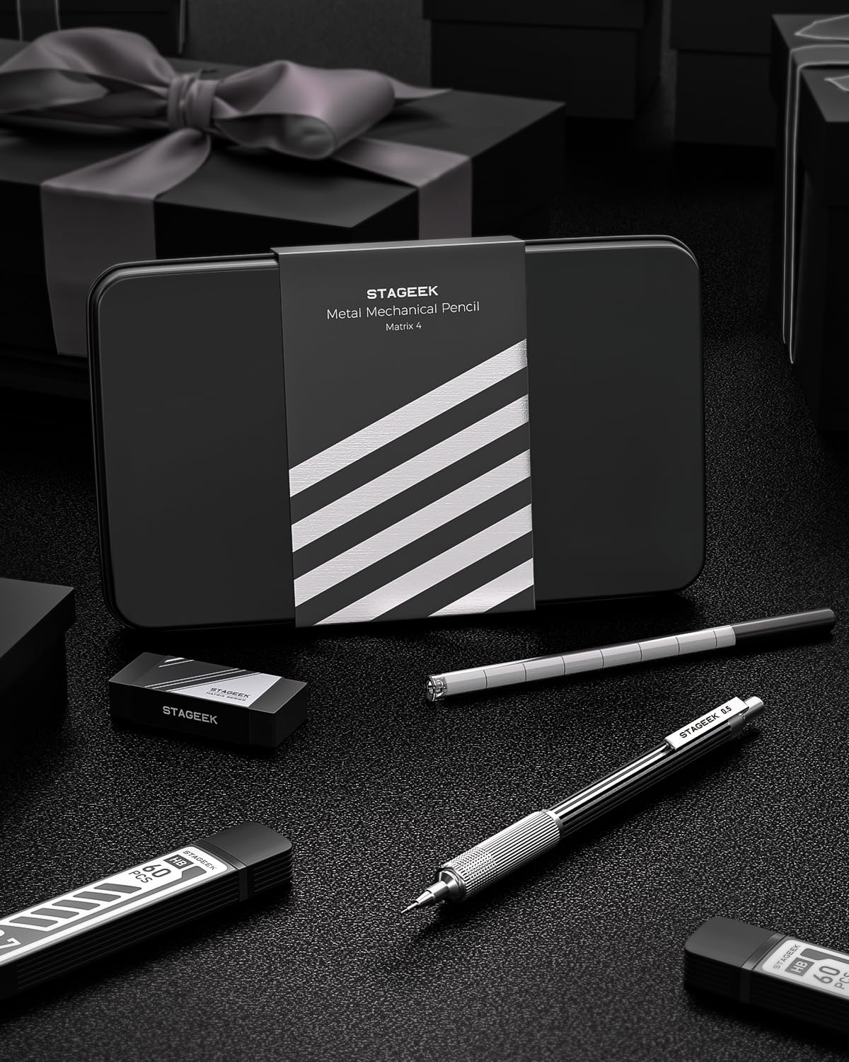 STAGEEK 0.5mm Mechanical Pencil with Metal Gift Case, 1PCs Metal Mechanical Pencil with 120PCS HB Lead Refills,4B Erasers and 9PCS Eraser Refills, for Writing Drafting Drawing and Sketching(Silver)
