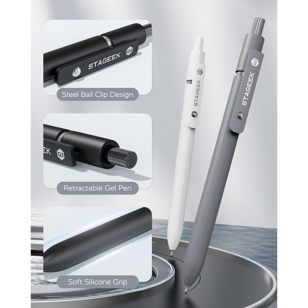 STAGEEK Black Gel Pens GX3, 6 Pcs Fine Point Smooth Writing Pens with 3 Extra Refills, Quick Dry Black Ink Pens for Journaling, Office, Note Taking, School Supplies, Nurse Aesthetic(Black Gray White)